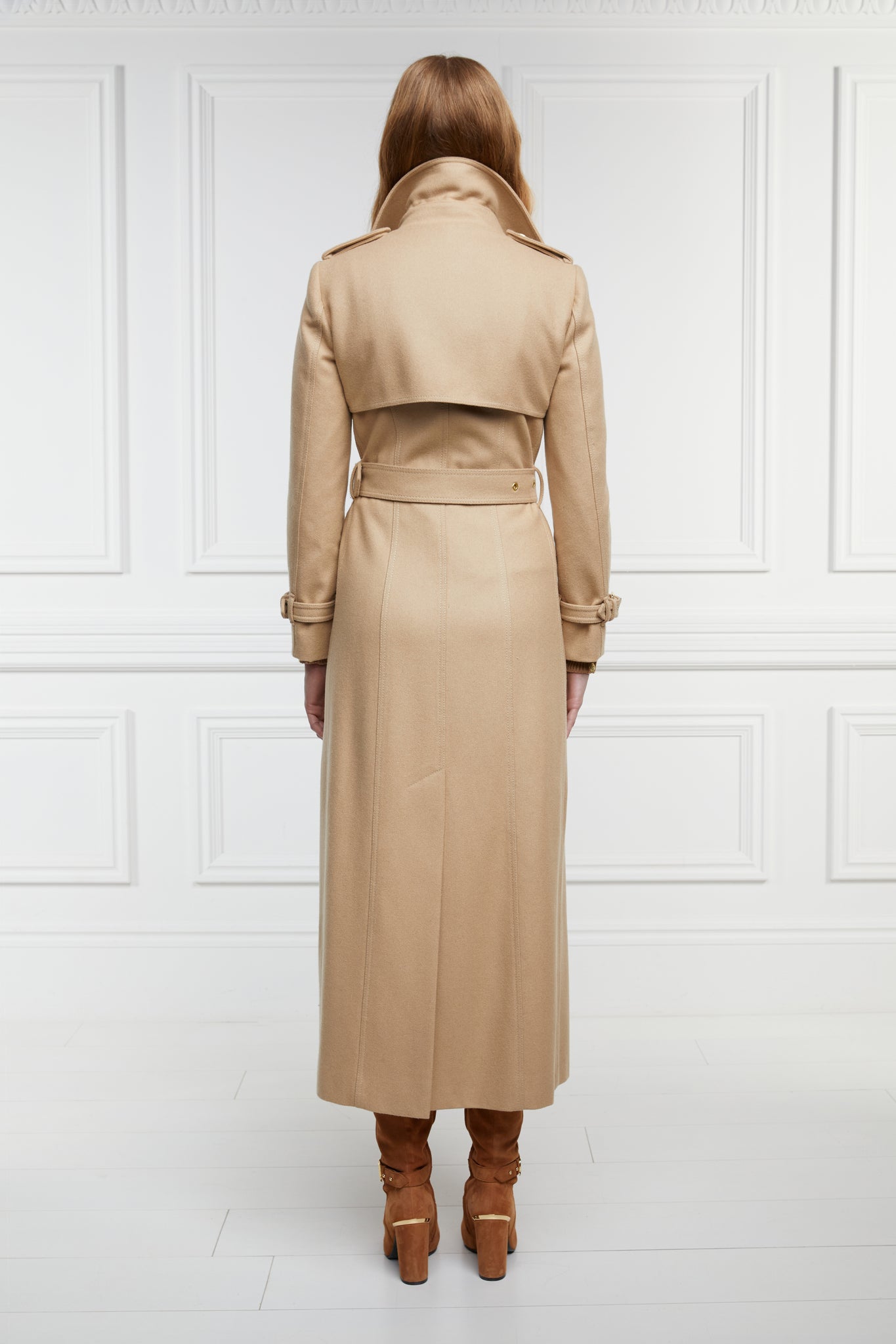 back of womens camel wool double breasted full length trench coat
