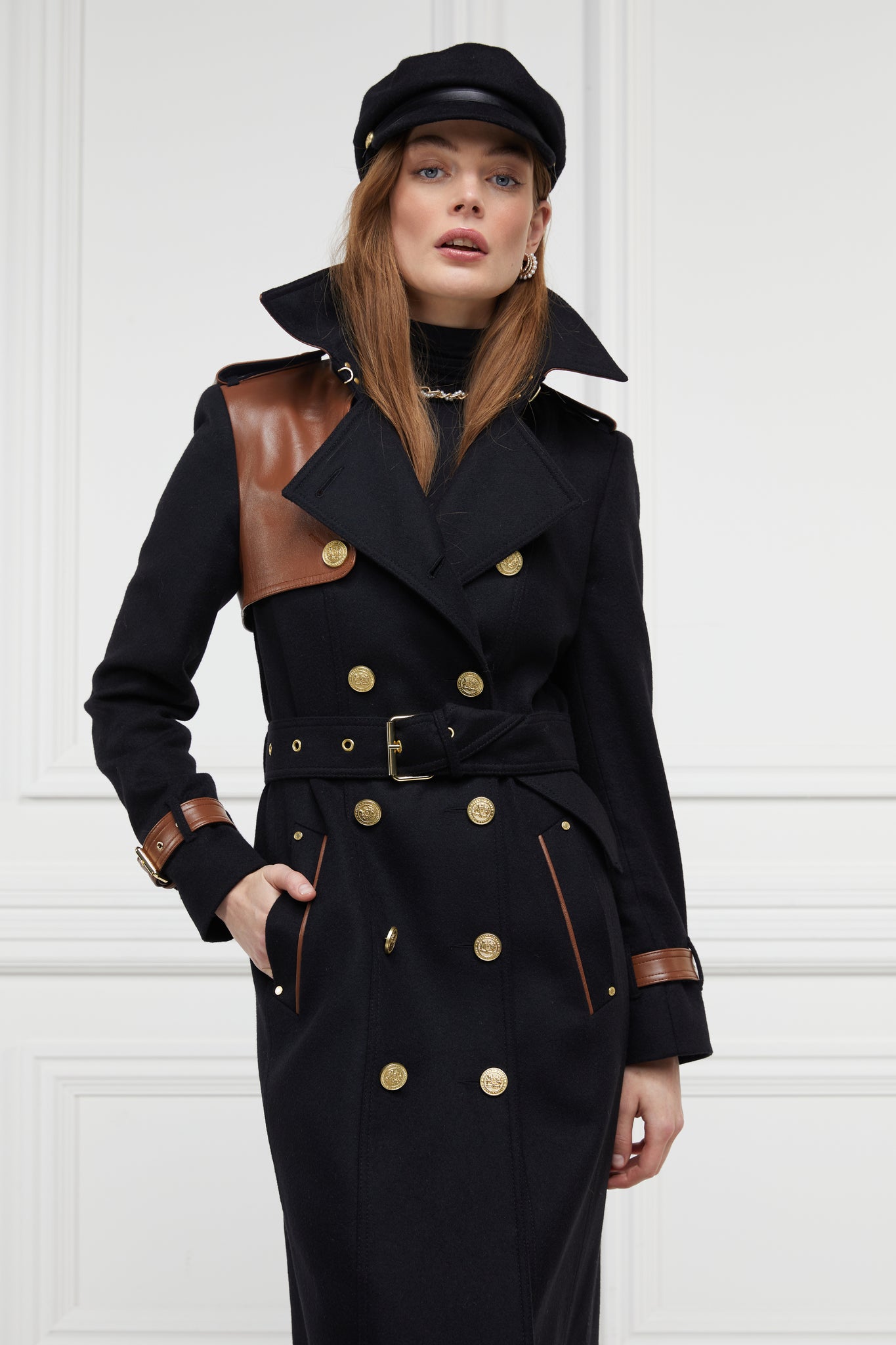 womens black wool and tan leather double breasted full length trench coat 