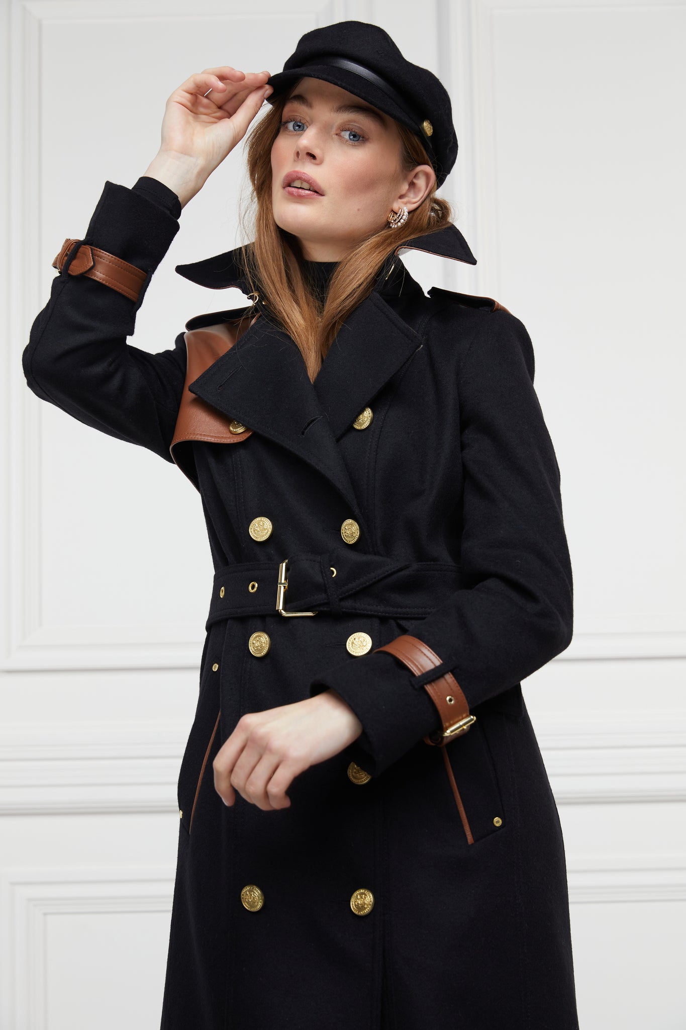 womens black wool and tan leather double breasted full length trench coat 