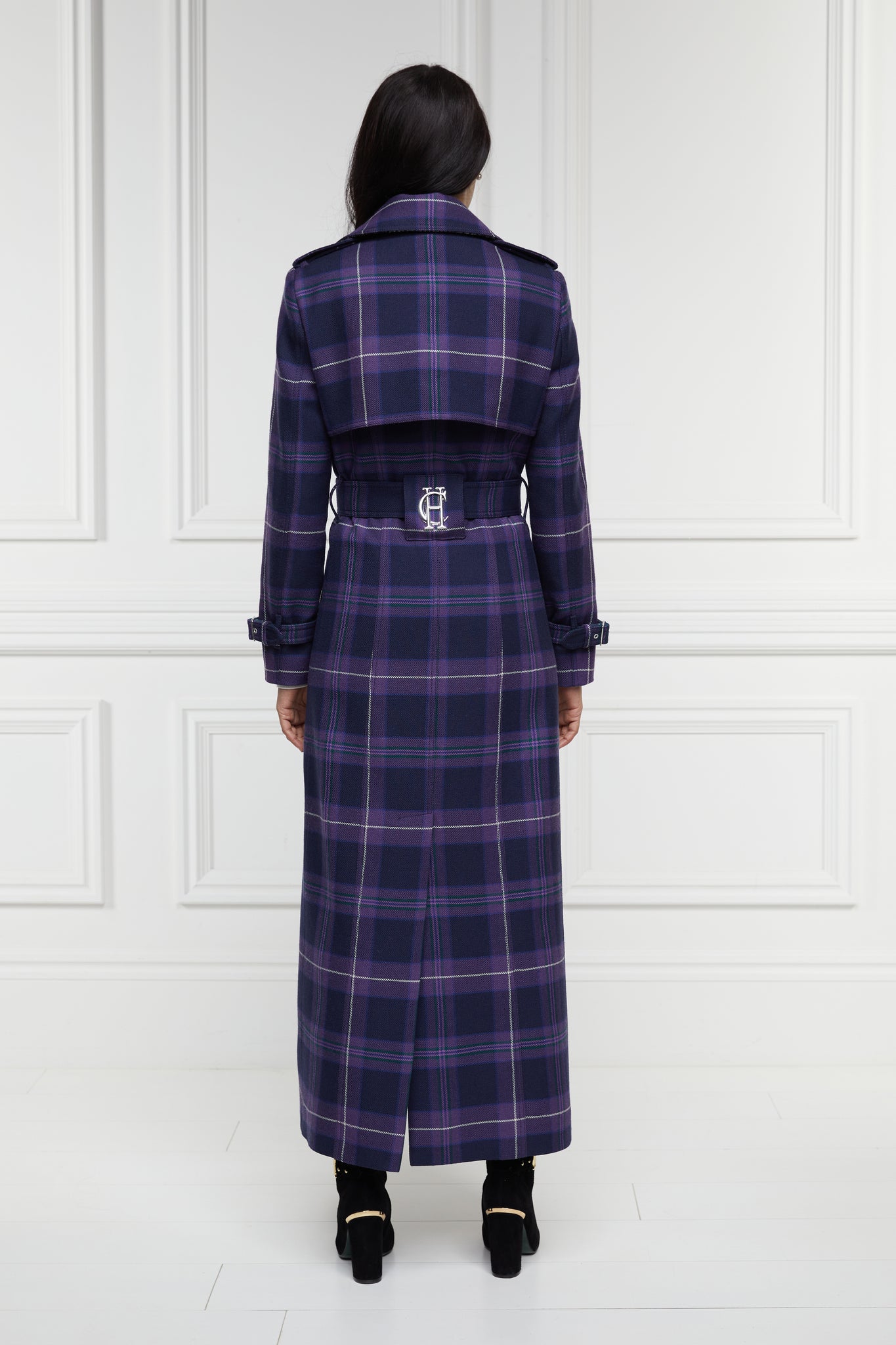 back of womens purple tartan double breasted full length wool trench coat