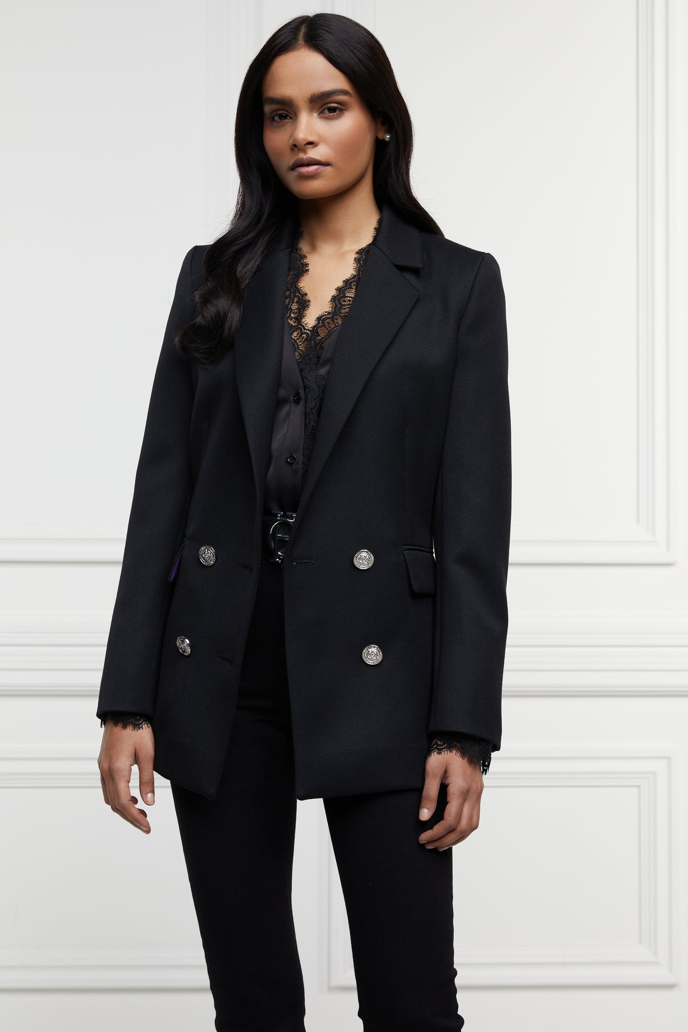 jubilee edition of double breasted wool blazer in black with two hip pockets and silver button details down front and on cuffs and handmade in the uk