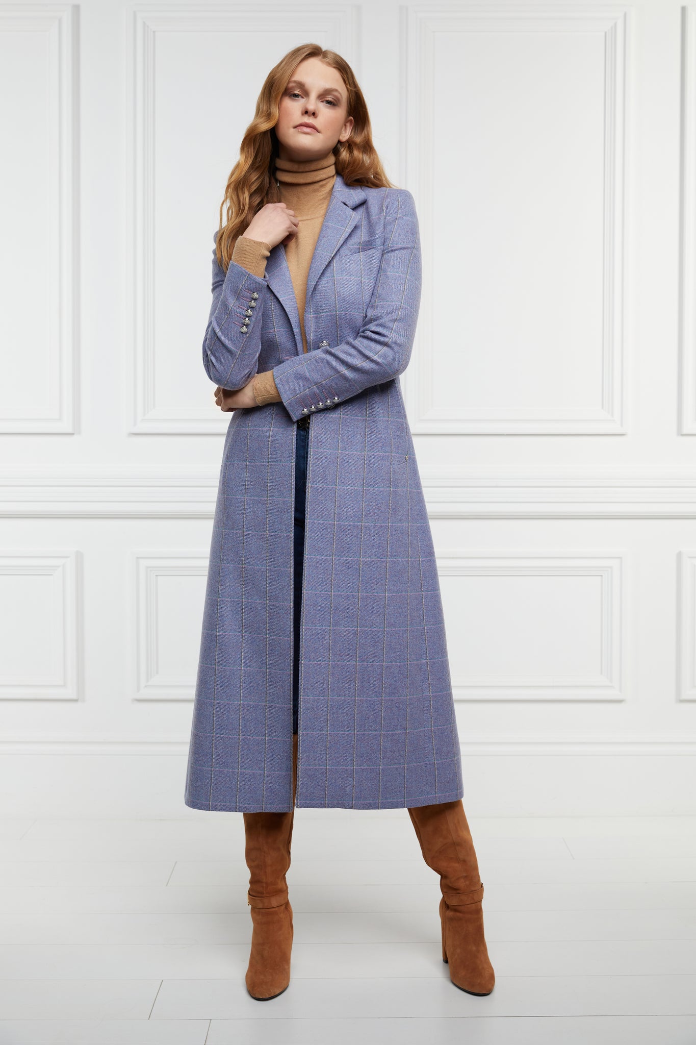 womens purple, grey and blue check single breasted full length wool coat