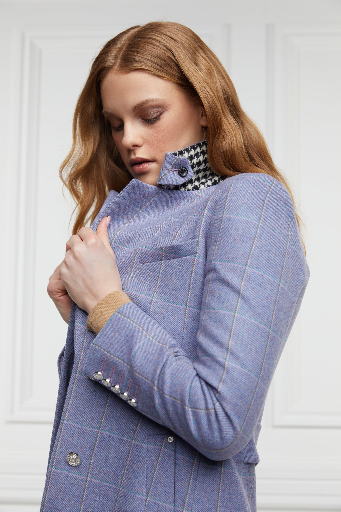 womens purple, grey and blue check single breasted full length wool coat with black and white houndstooth under collar