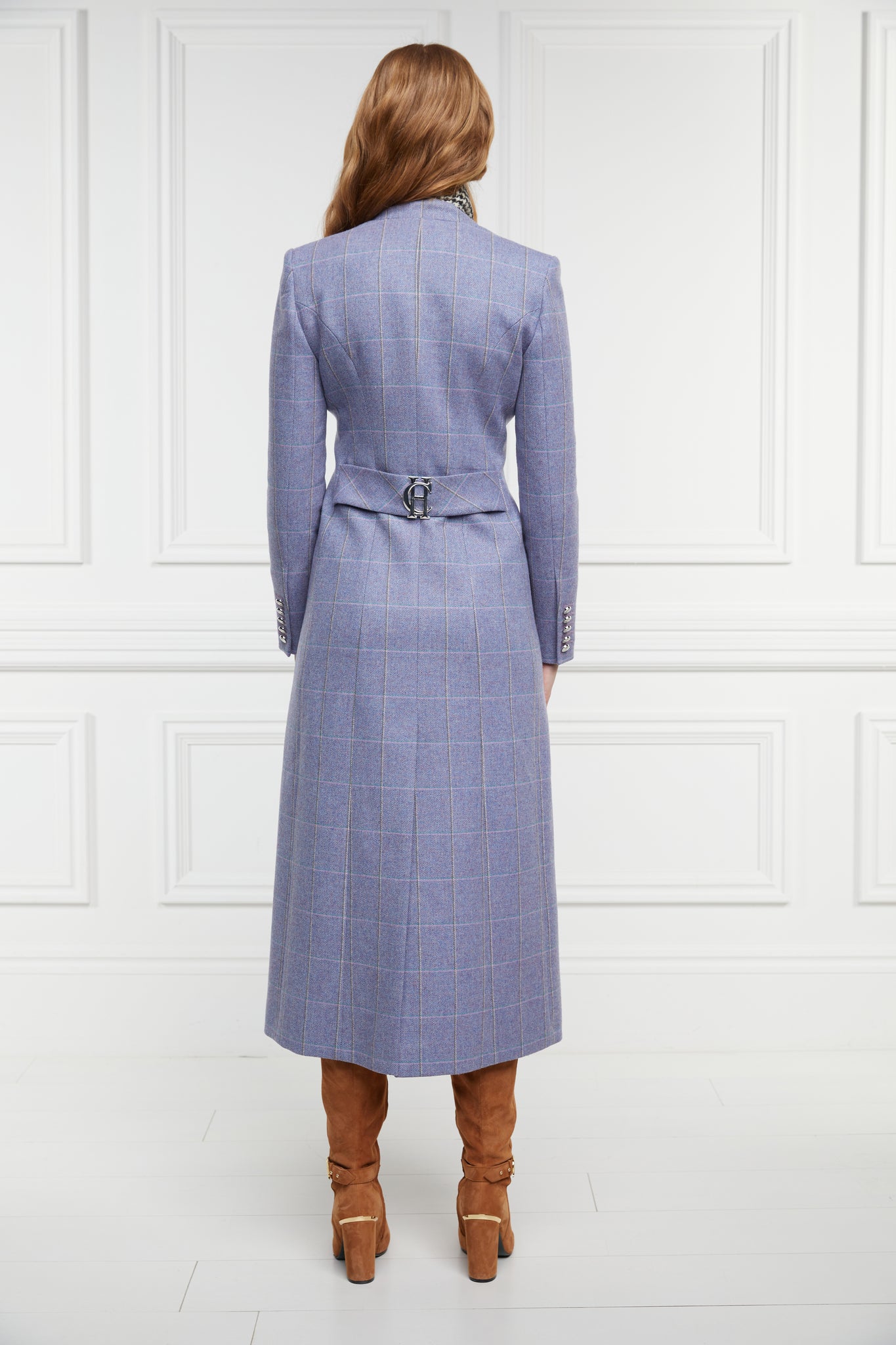 back of womens purple, grey and blue check single breasted full length wool coat