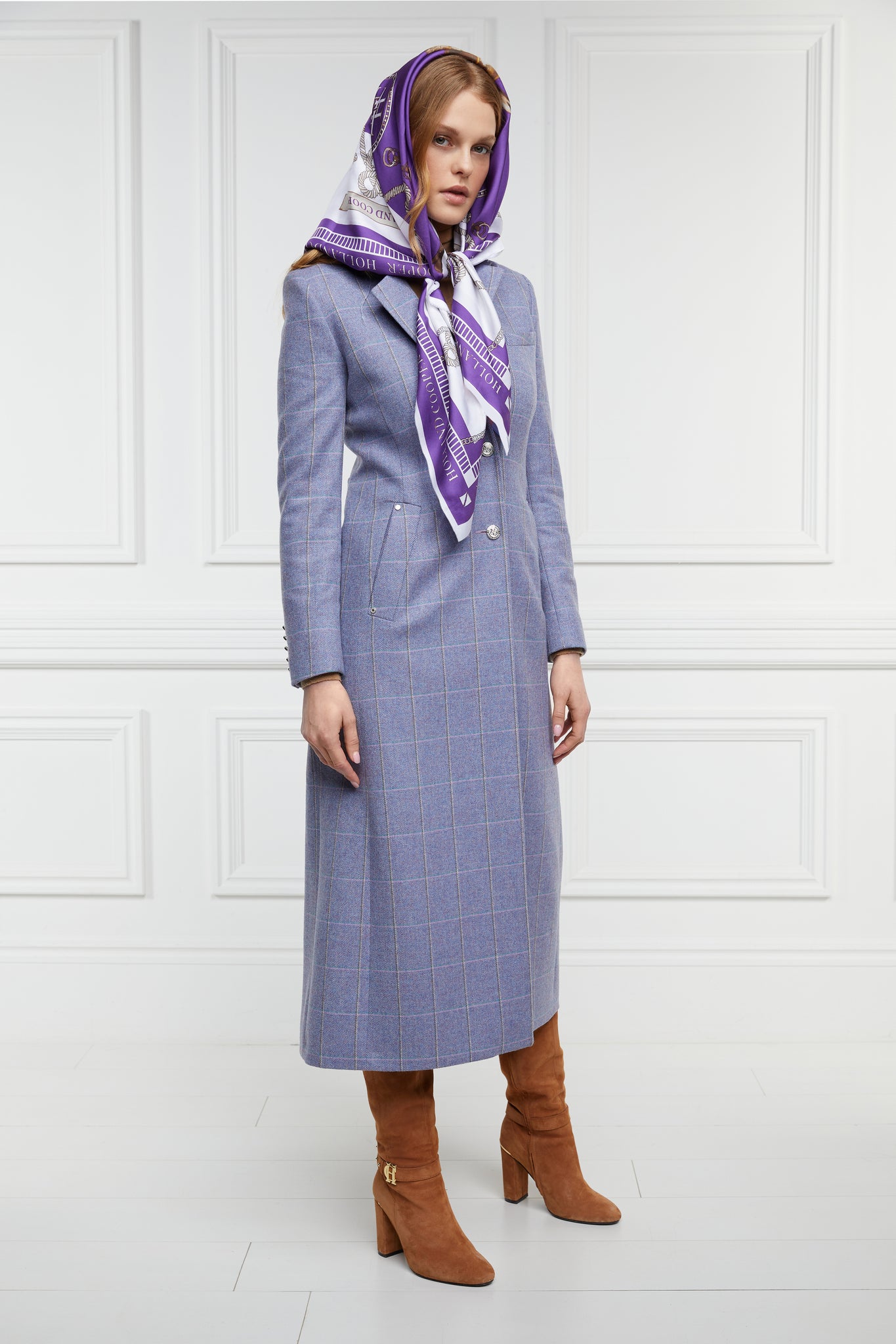 womens purple, grey and blue check single breasted full length wool coat with purple and over hair UK made white silk scarf