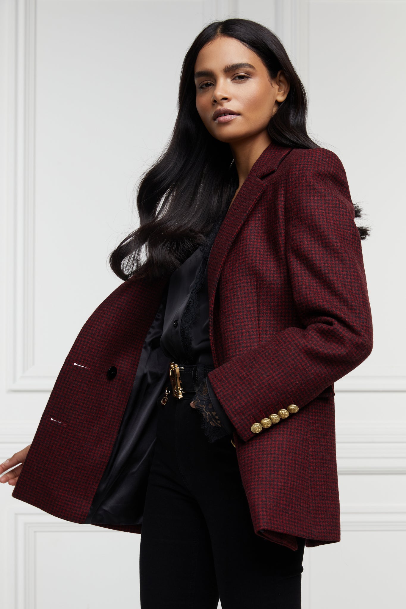 double breasted wool blazer in deep red houndstooth with two hip pockets and gold button detials down front and on cuffs and handmade in the uk