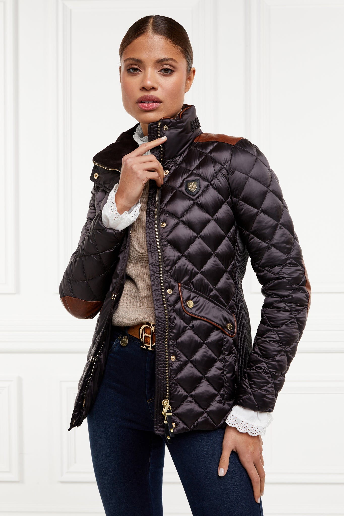 womens diamond quilted chocolate jacket with contrast tan leather elbow and shoulder pads large front pockets and shirred side panels