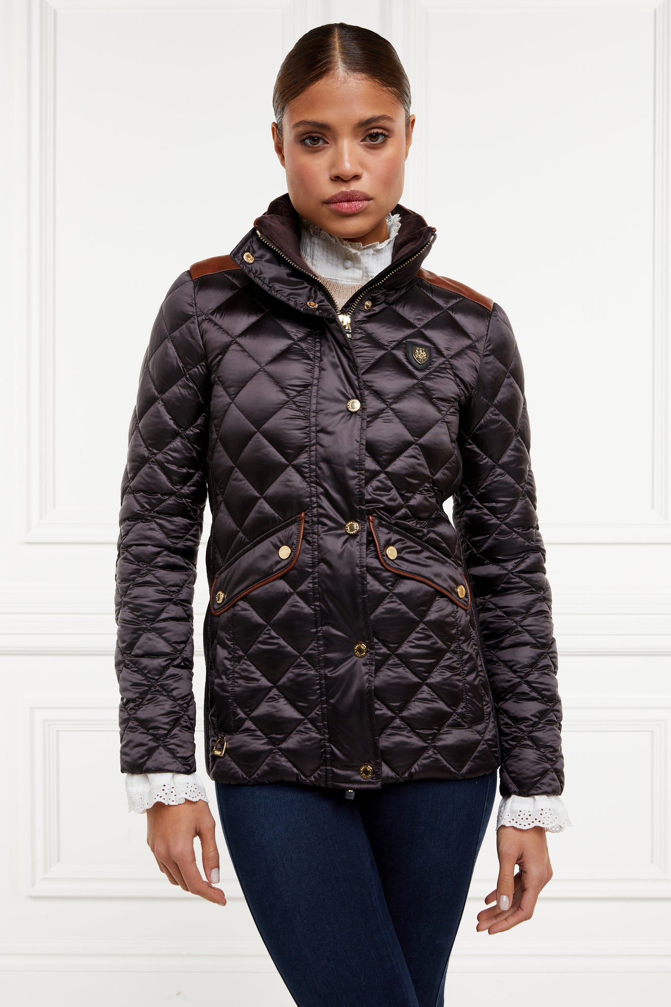 womens diamond quilted chocolate jacket with contrast tan leather elbow and shoulder pads large front pockets and shirred side panels