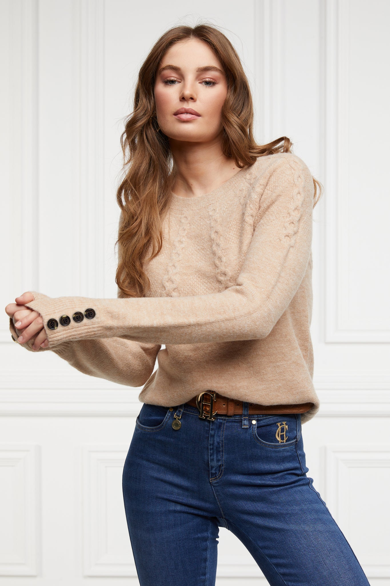 womens chunky knit crew neck jumper in camel with half cable knit knit detailing and horn buttons across cuffs 