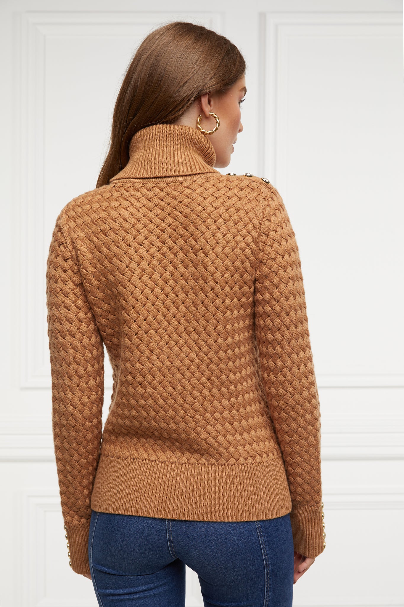 back of womens lightweight roll neck basket weave knit jumper in caramel