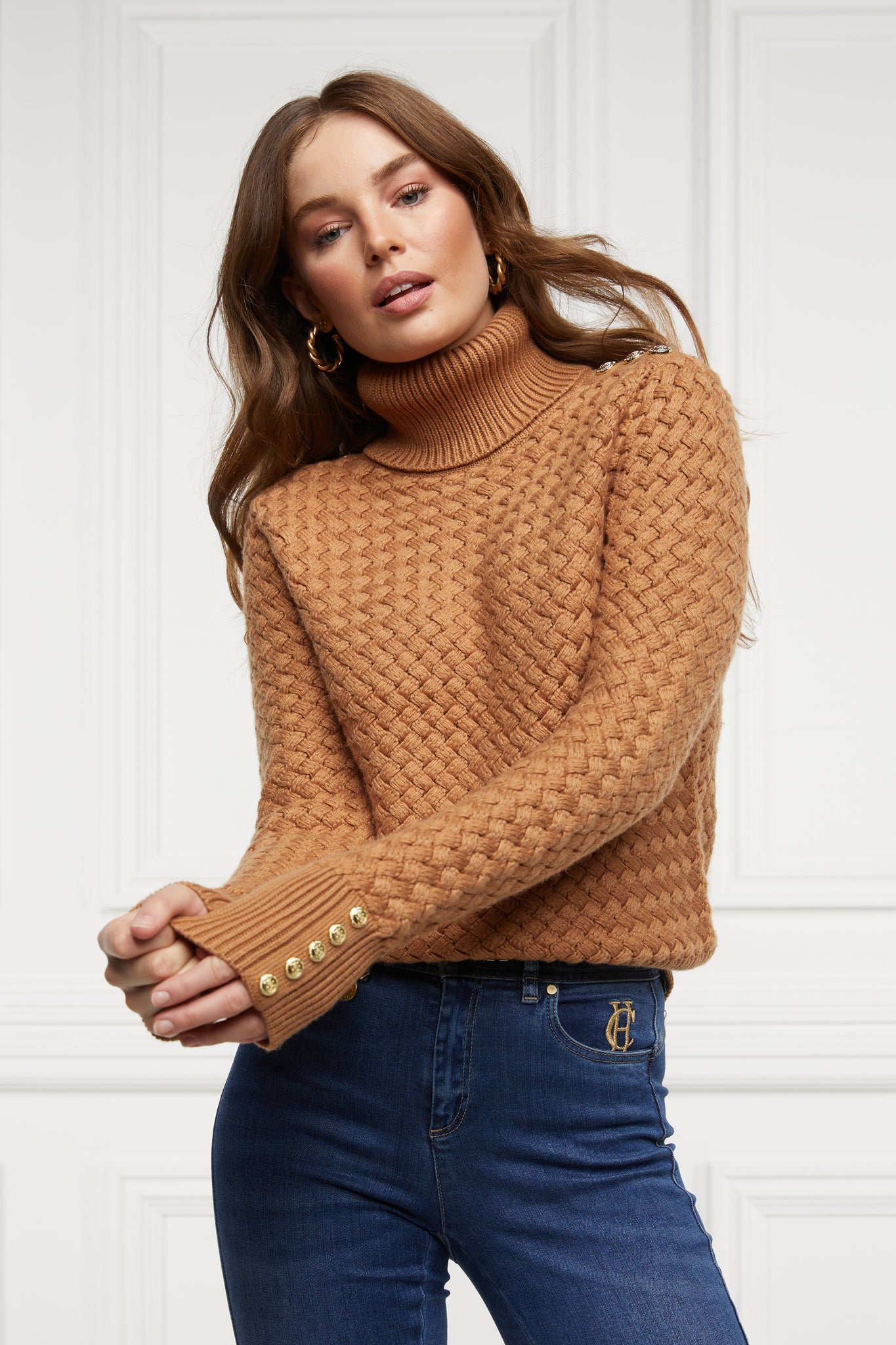 womens lightweight roll neck basket weave knit jumper in caramel