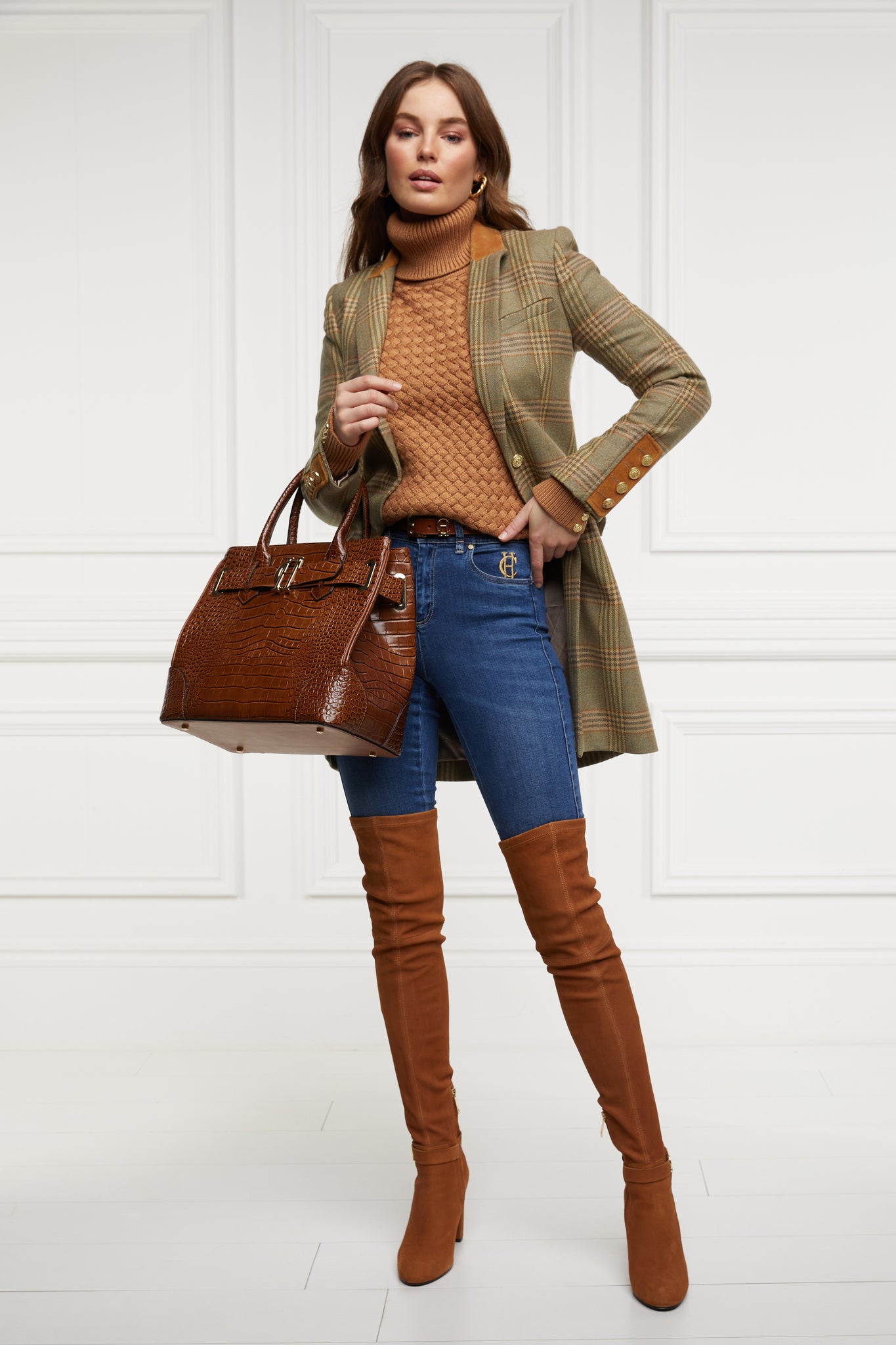 womens lightweight roll neck basket weave knit jumper in caramel worn under a mid length tailored coat in leveret