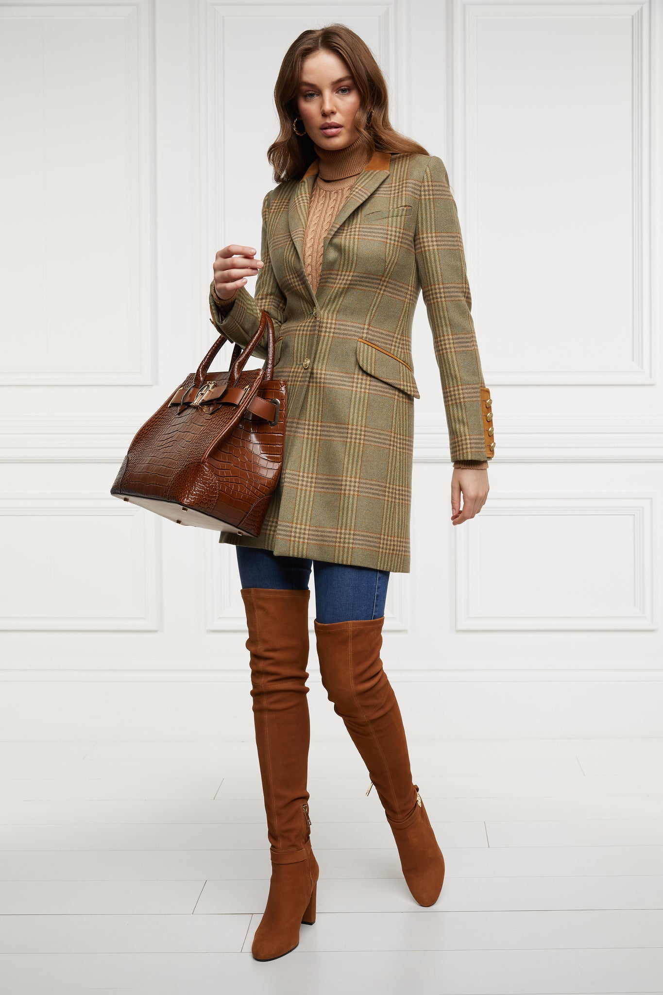 green tweed womens coat with gold hardware and tan suede detailing with tan croc tote bag