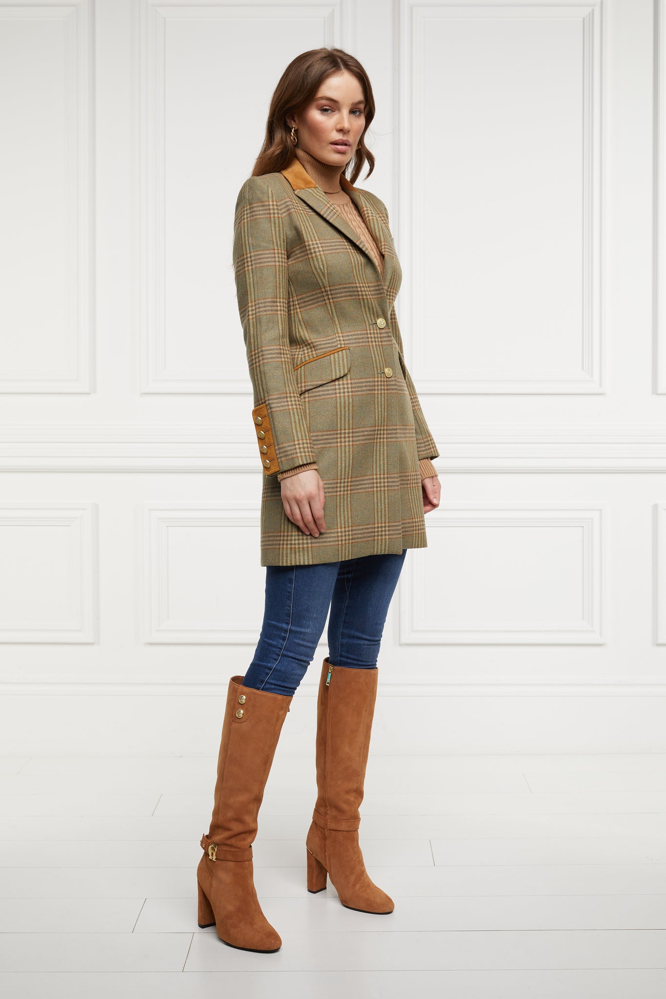 green tweed womens coat with gold hardware and tan suede detailing