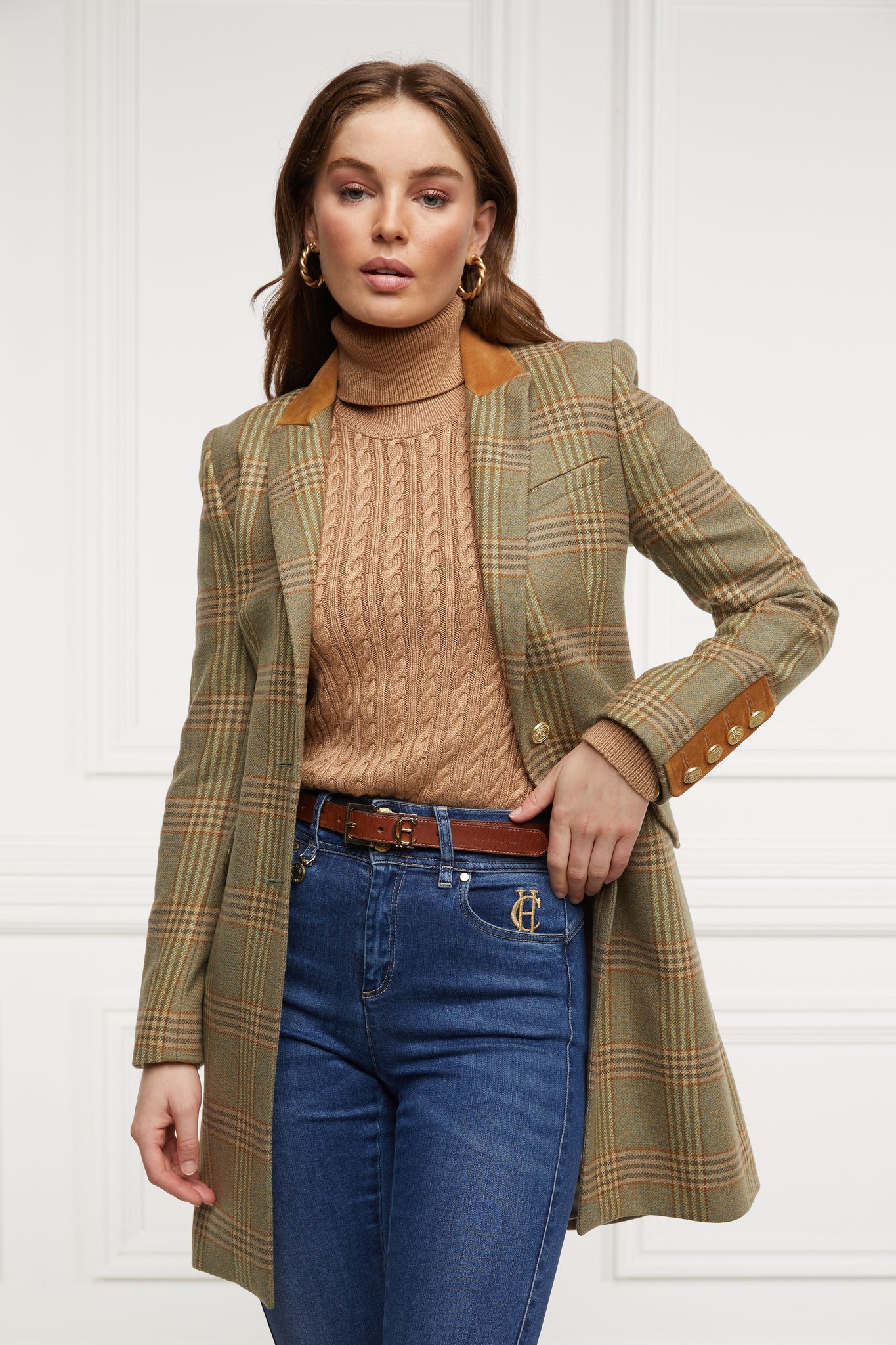 green tweed womens coat with gold hardware and tan suede detailing