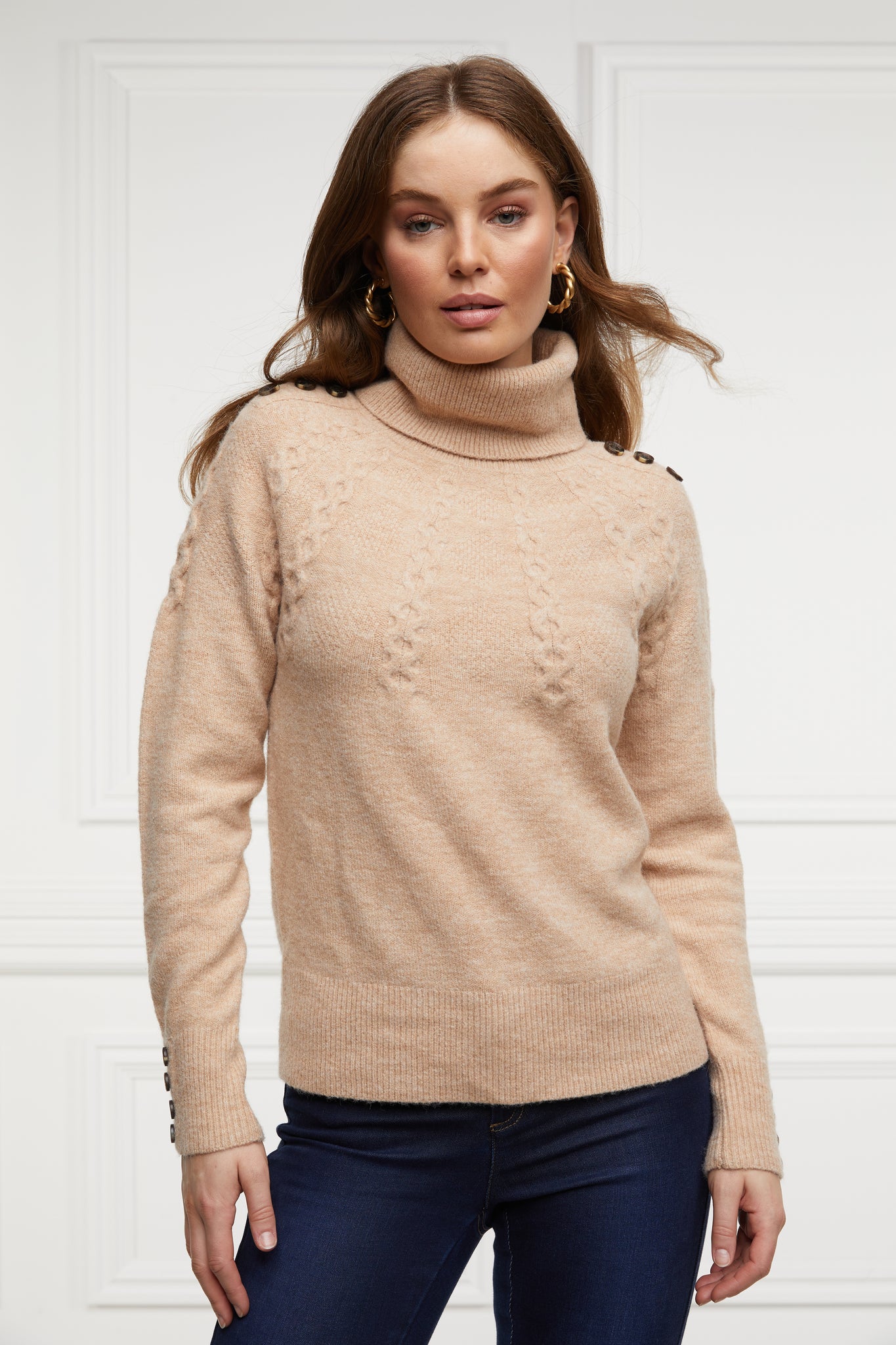 chunky knit roll neck jumper in camel with textured knit detailing and horn buttons across both shoulders