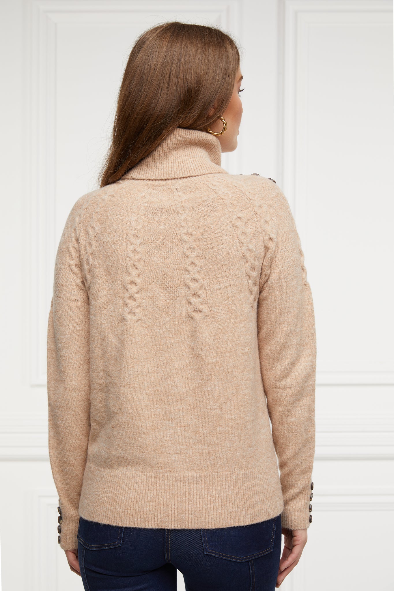 back of chunky knit roll neck jumper in camel with textured knit detailing and horn buttons across both shoulders