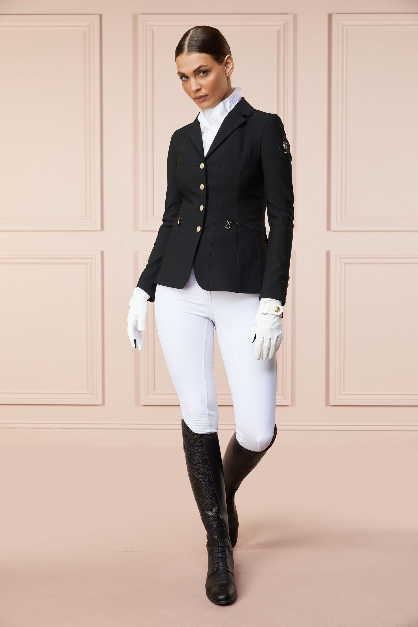 womens black competition jacket with gold hardware 