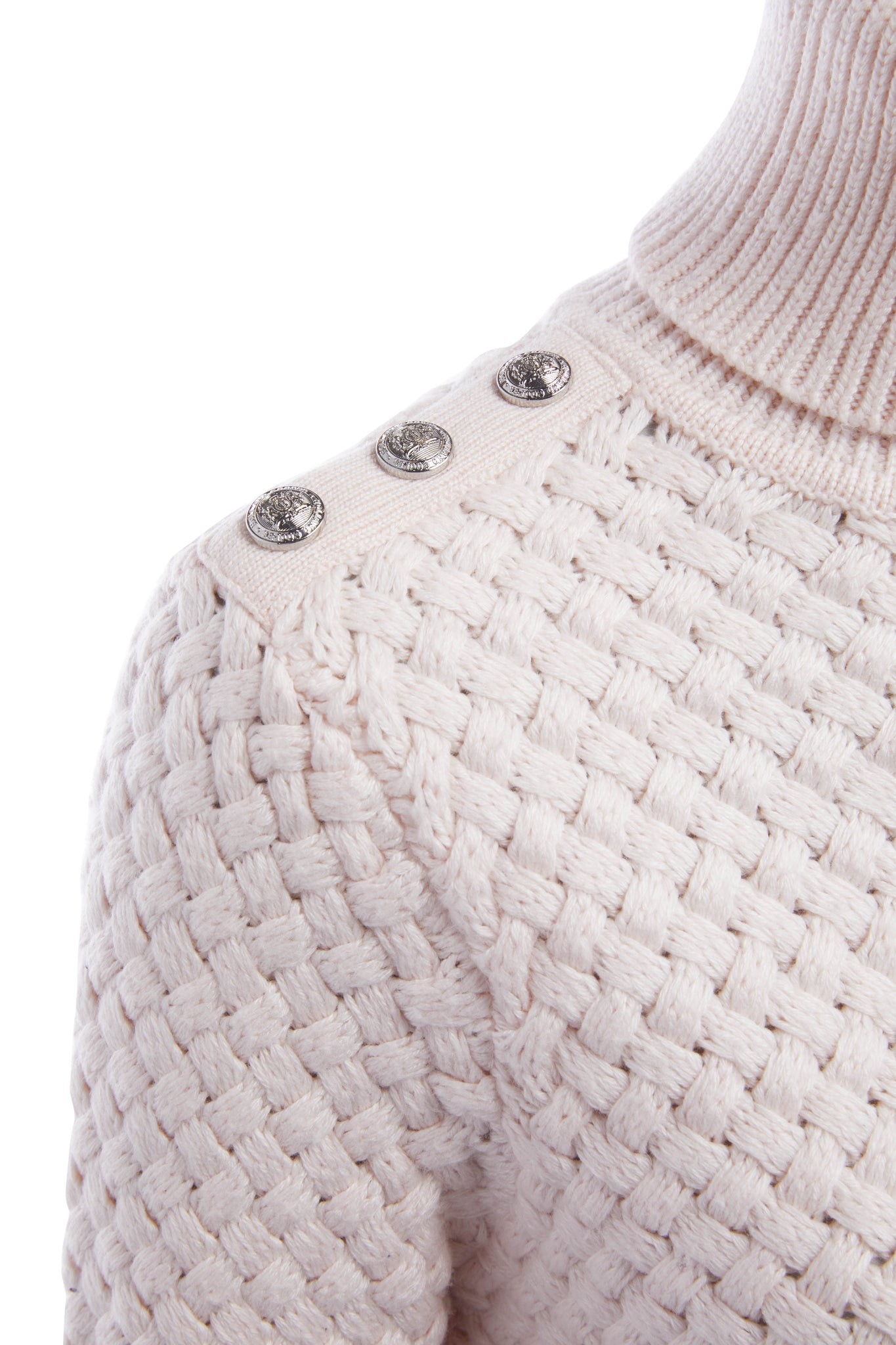 silver button shoulder details on womens lightweight roll neck basket weave knit jumper in powder pink 