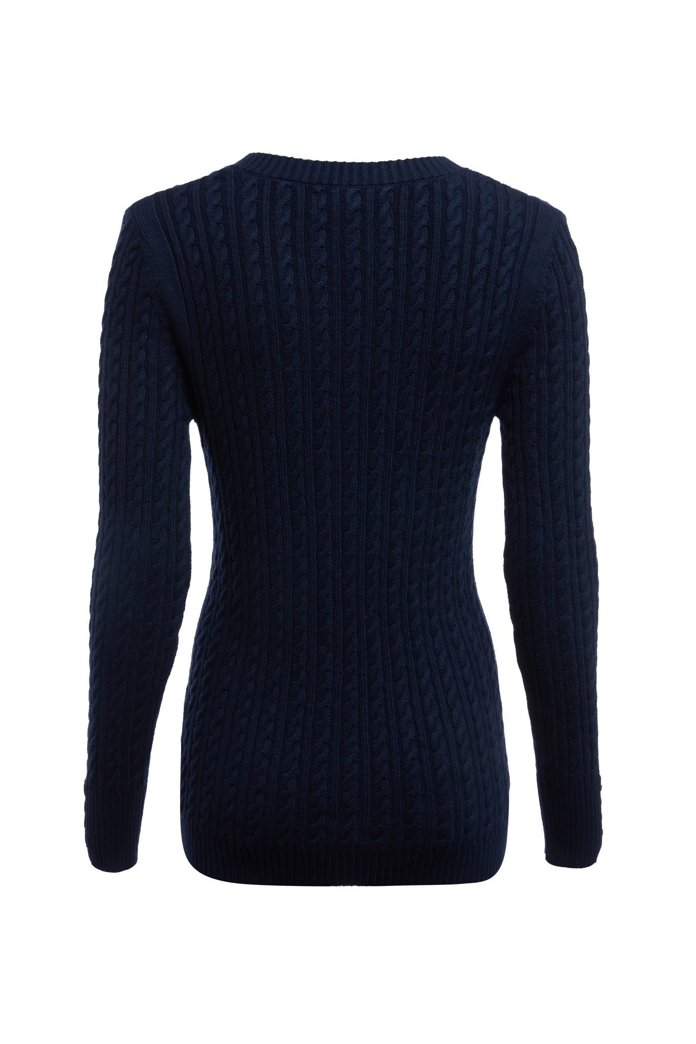 back of womens lightweight v neck cable knit jumper in navy detailed with gold buttons at the cuffs