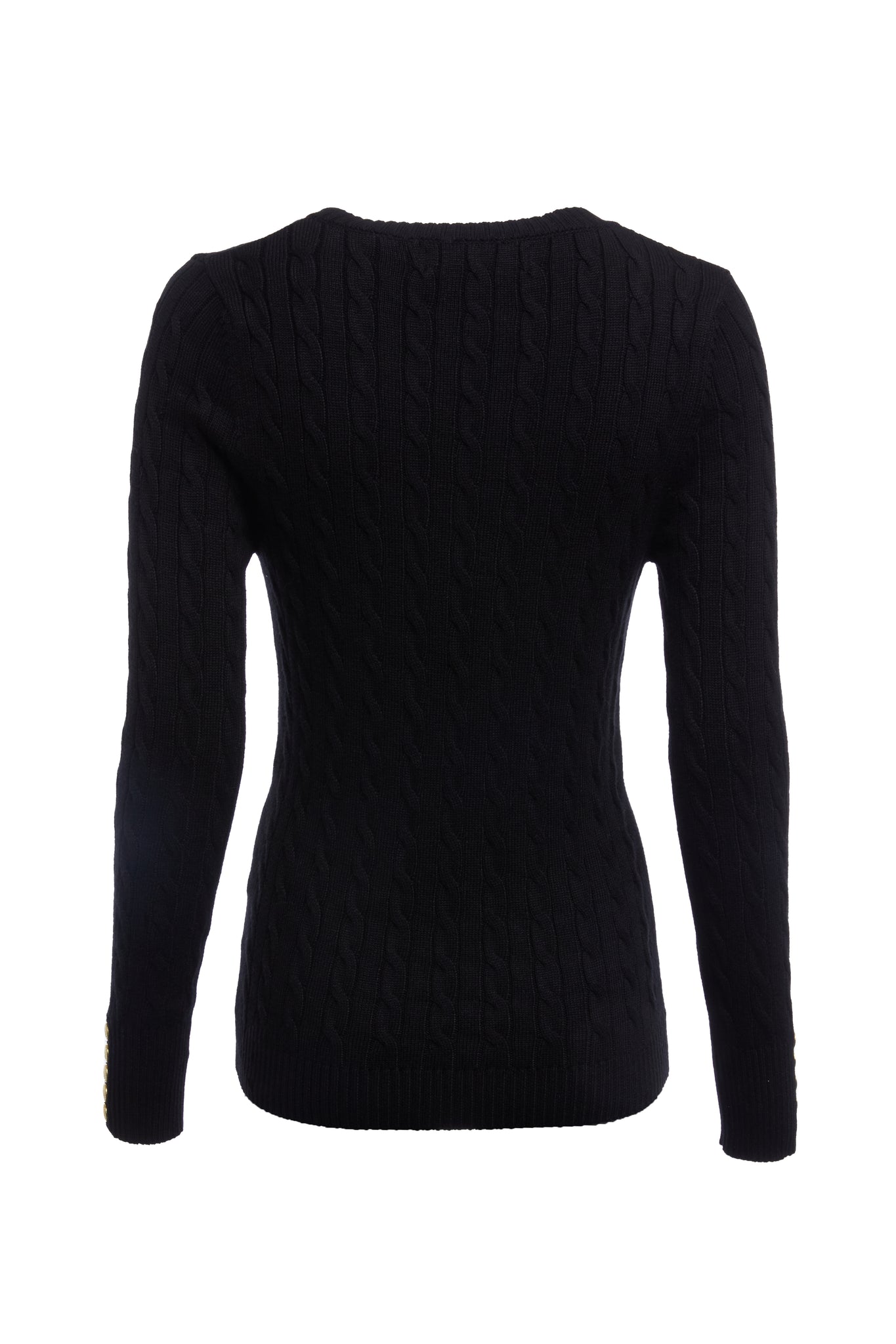 back of womens lightweight v neck cable knit jumper in black detailed with gold buttons at the cuffs