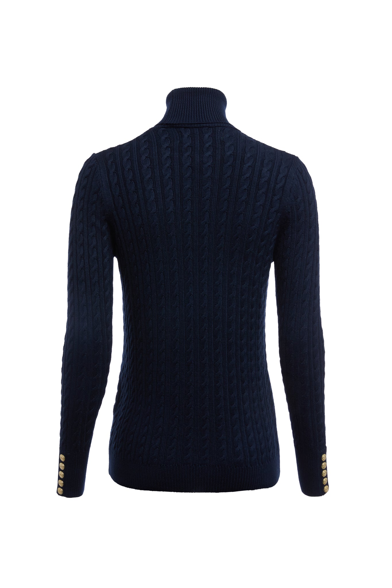 back of womens cable knit jumper in navy with ribbed roll neck cuffs and hem
