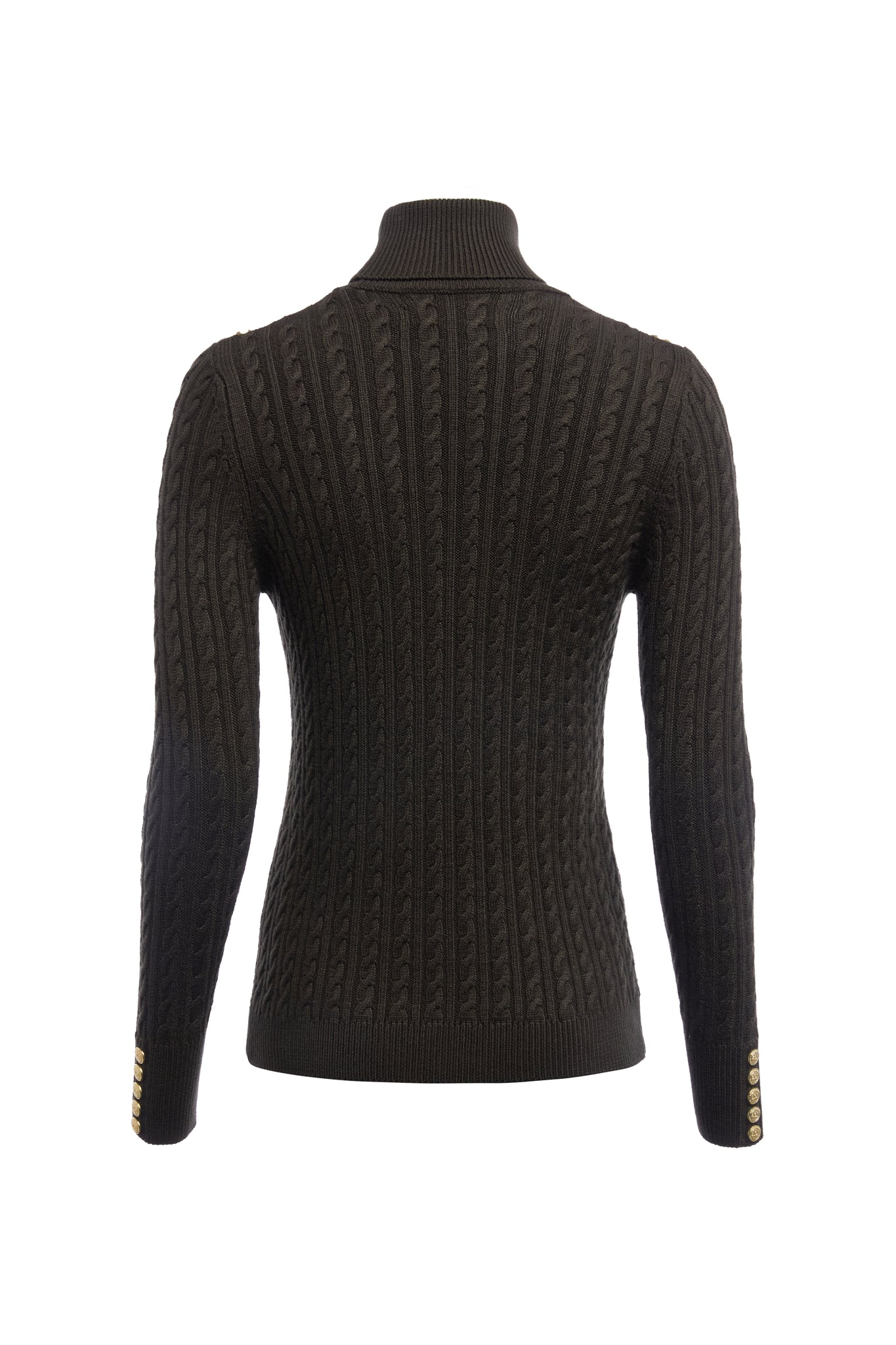 back of womens cable knit jumper in fern green with ribbed roll neck cuffs and hem