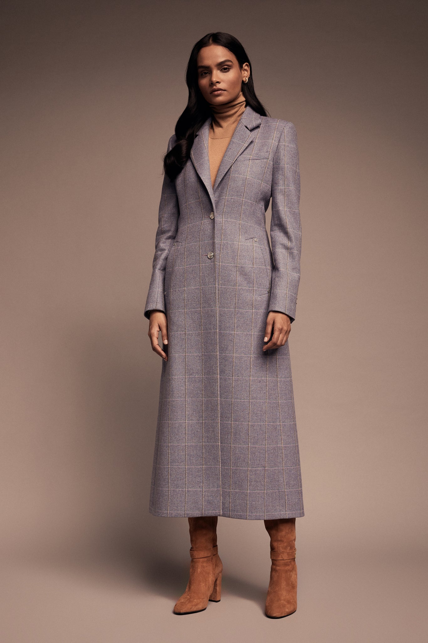 womens purple, grey and blue check single breasted full length wool coat