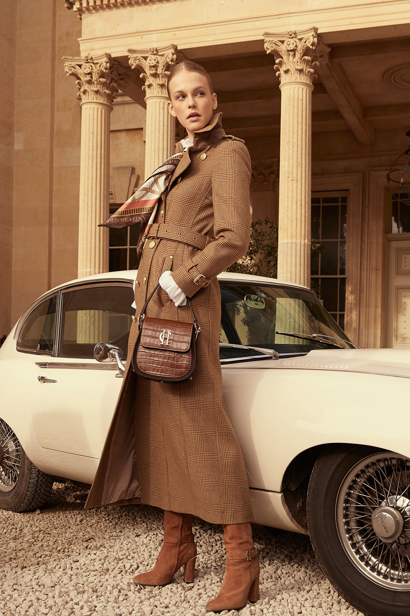 womens brown tweed double breasted full length wool trench coat with tan croc embossed leather saddle bag