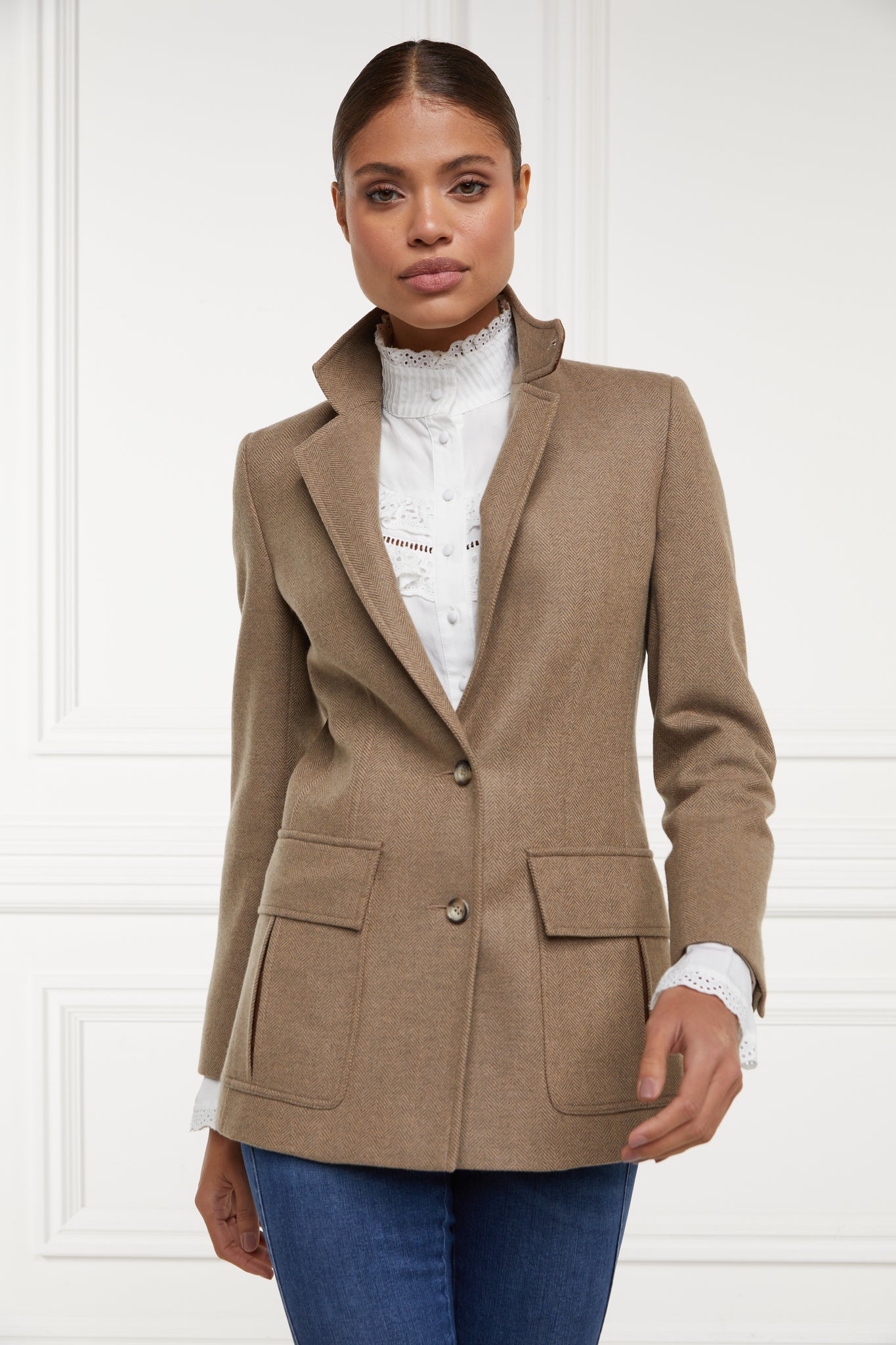 womens tailored fit single breasted blazer in camel herringbone with patch pockets and contrast tan suede elbow patches and underside collar