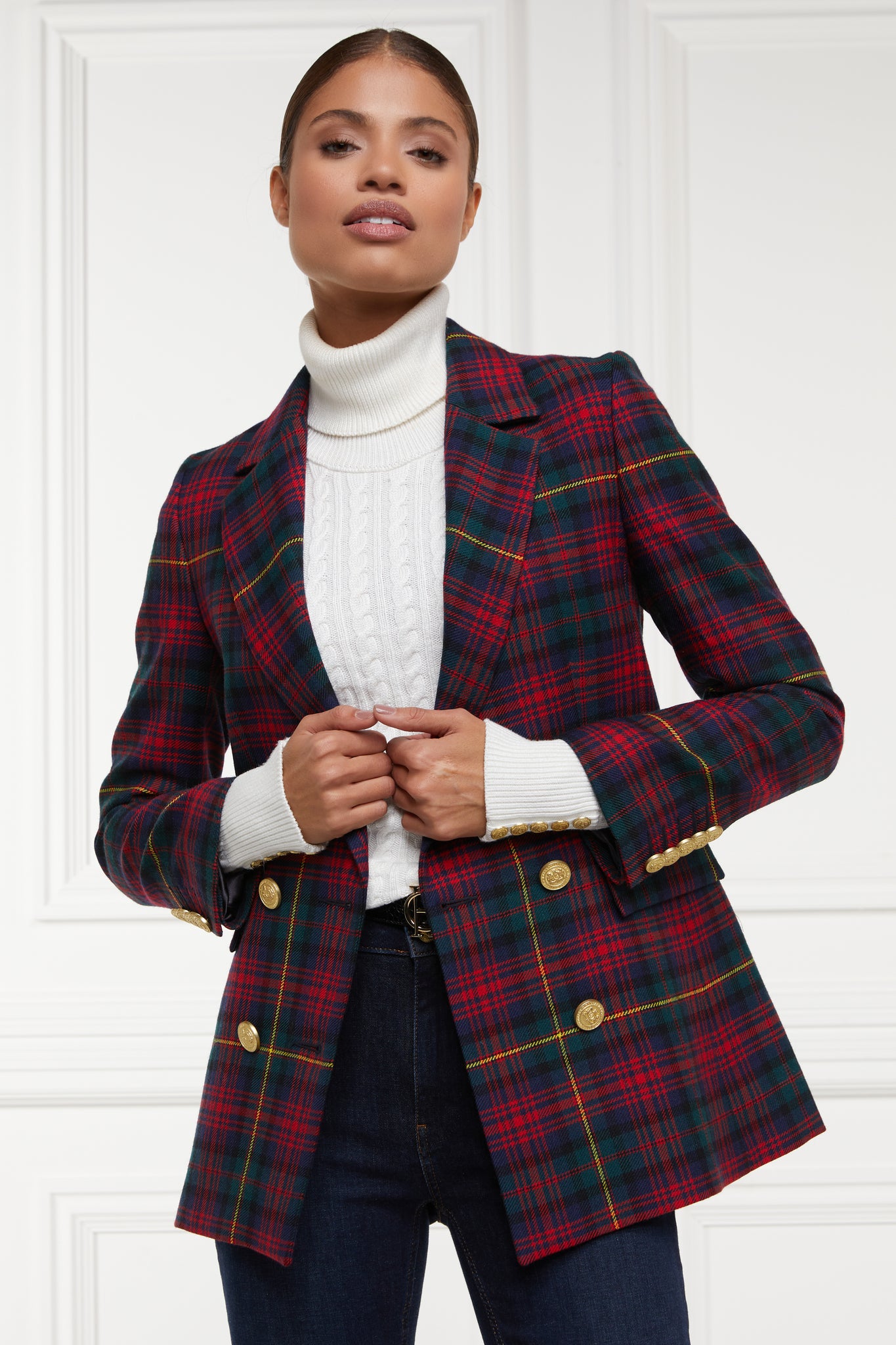 double breasted wool blazer in dark red navy green and yellow logan tartan with two hip pockets and gold button details down front and on cuffs and handmade in the uk