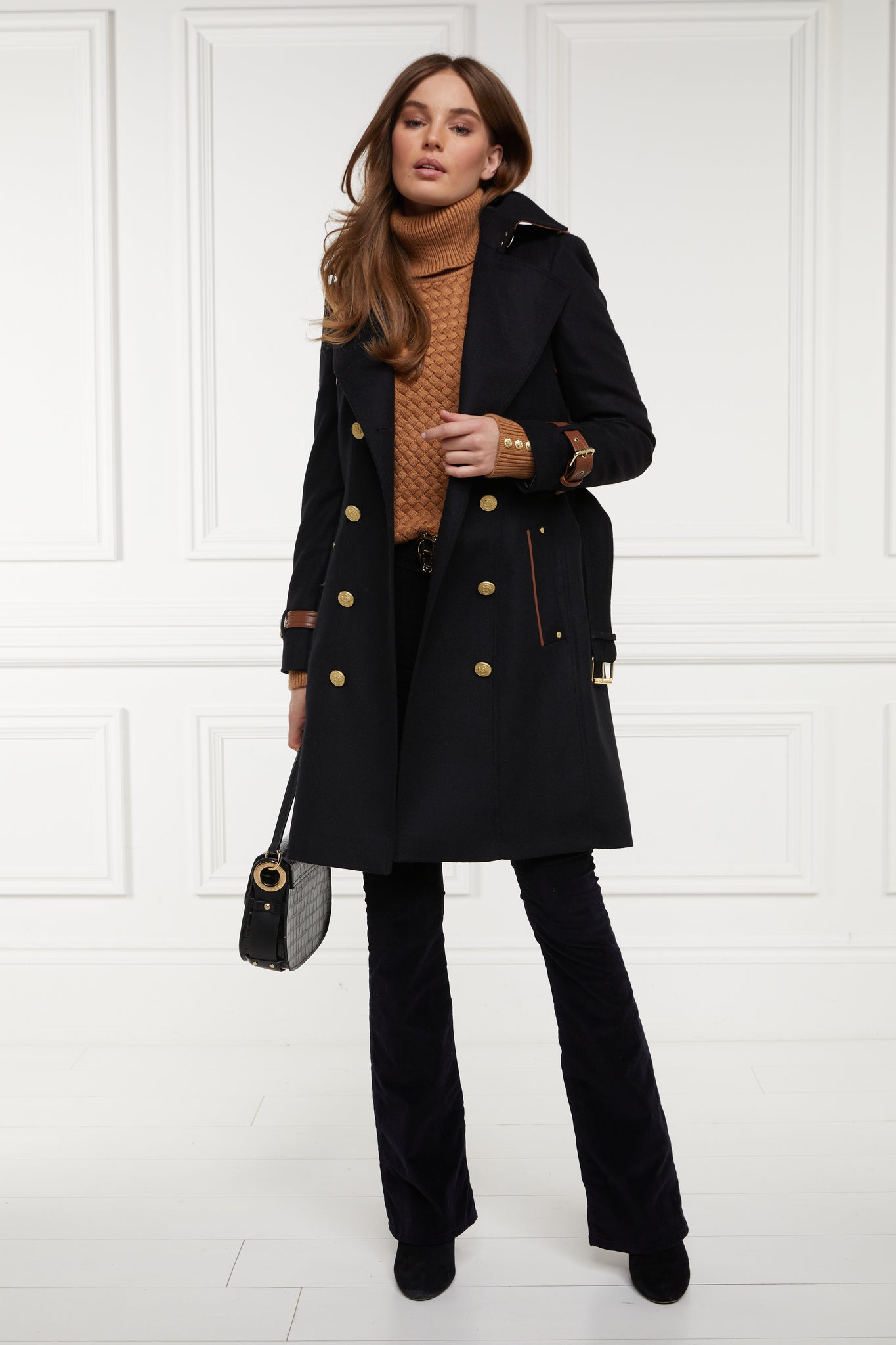 Womens black and tan brown leather detailed with gold hardware knee length wool trench coat