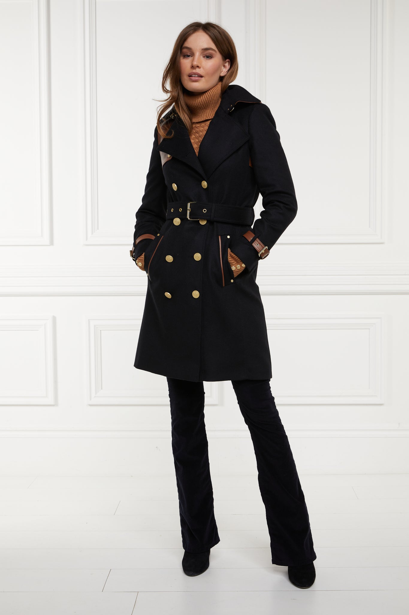 Womens black and tan brown leather detailed with gold hardware knee length wool trench coat