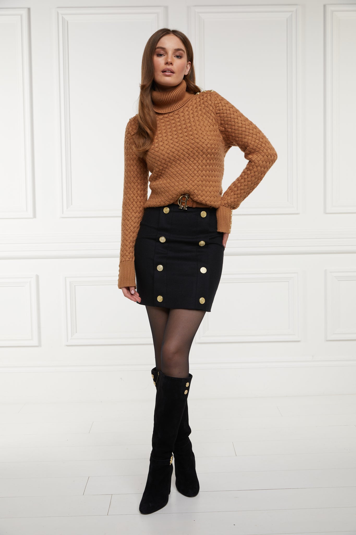 womens black and tan wool pencil mini skirt with concealed zip fastening on centre back and gold rivets down front