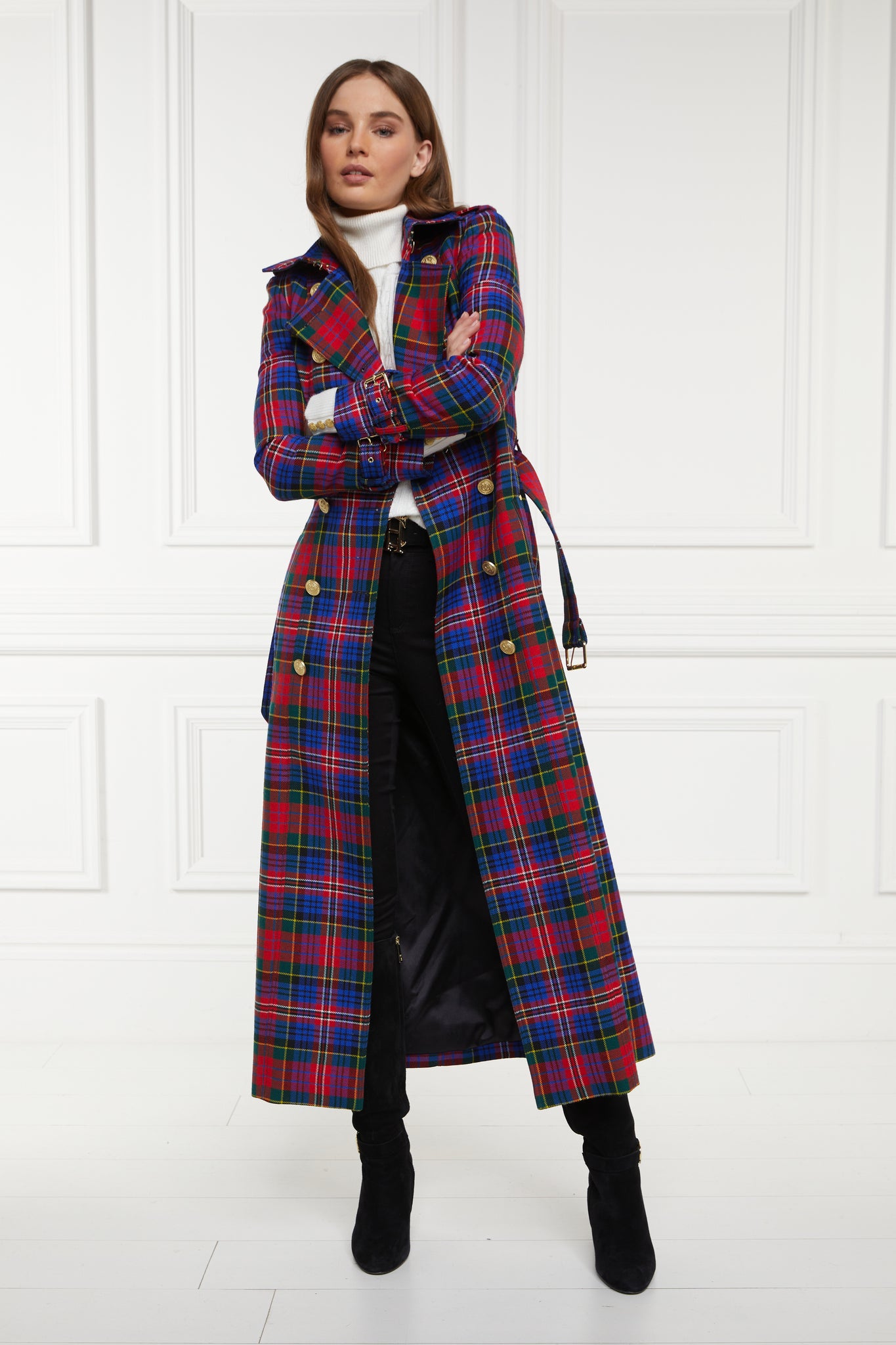 womens red green bright blue tartan double breasted full length wool trench coat