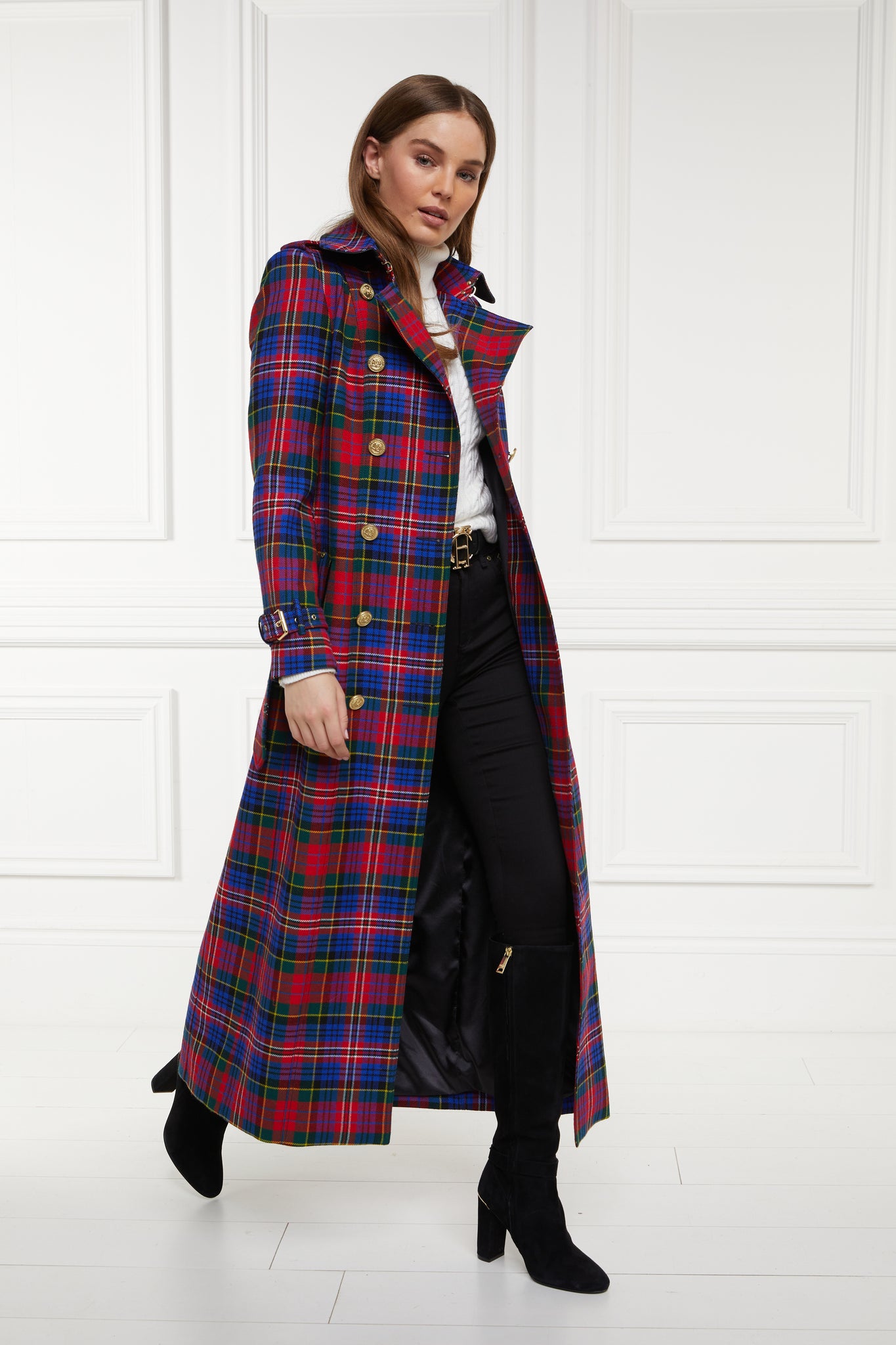 side of womens red green bright blue tartan double breasted full length wool trench coat