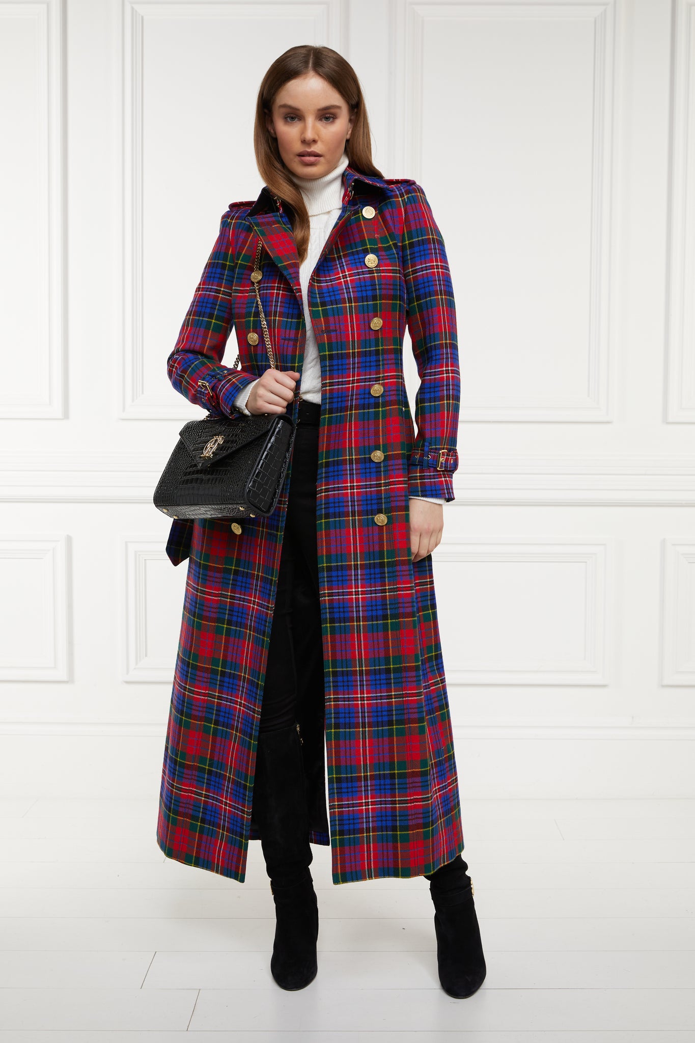 womens red green bright blue tartan double breasted full length wool trench coat with black croc leather chain envelope bag