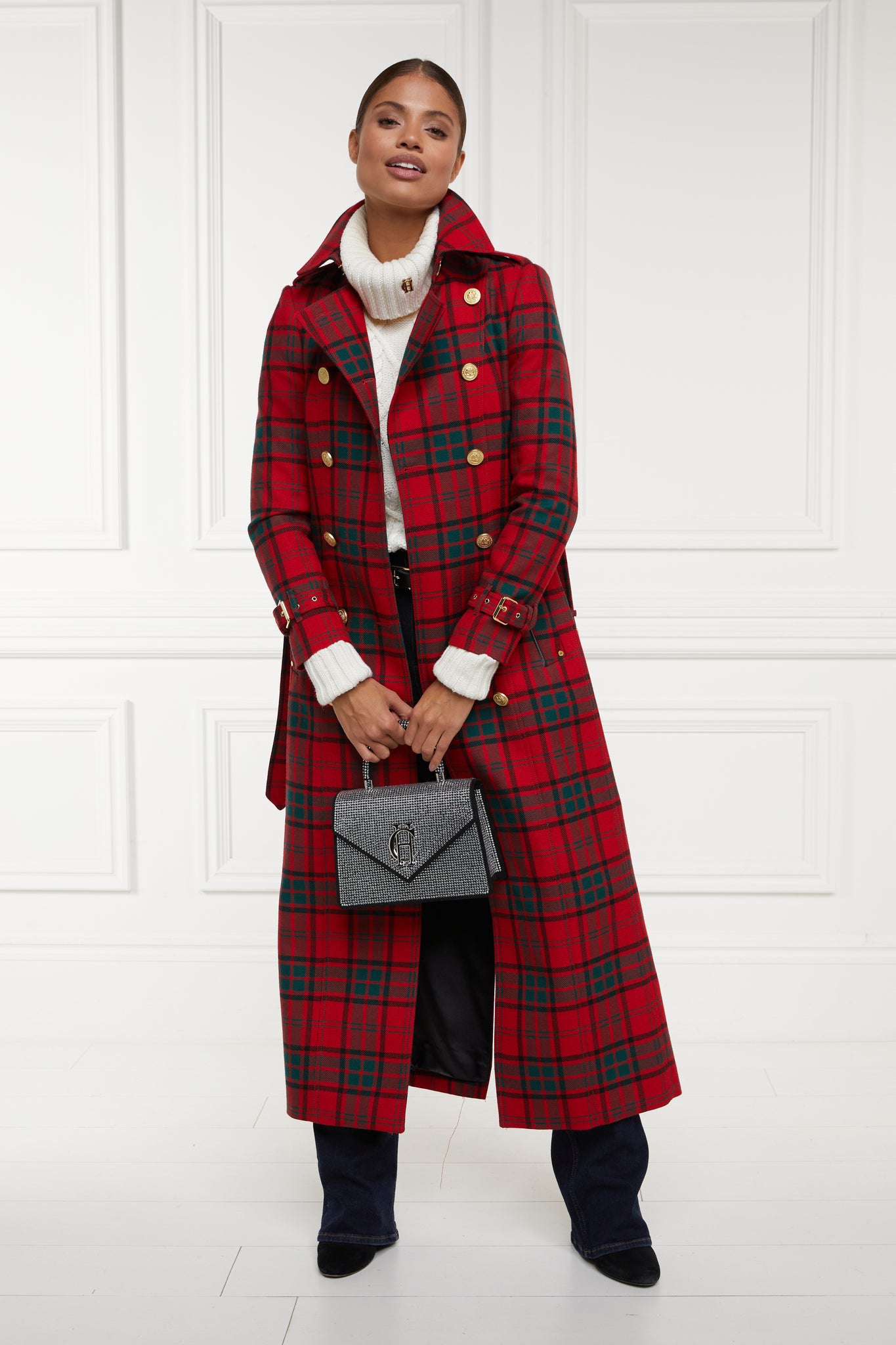 womens red green tartan double breasted full length wool trench coat with crystal top handle bag
