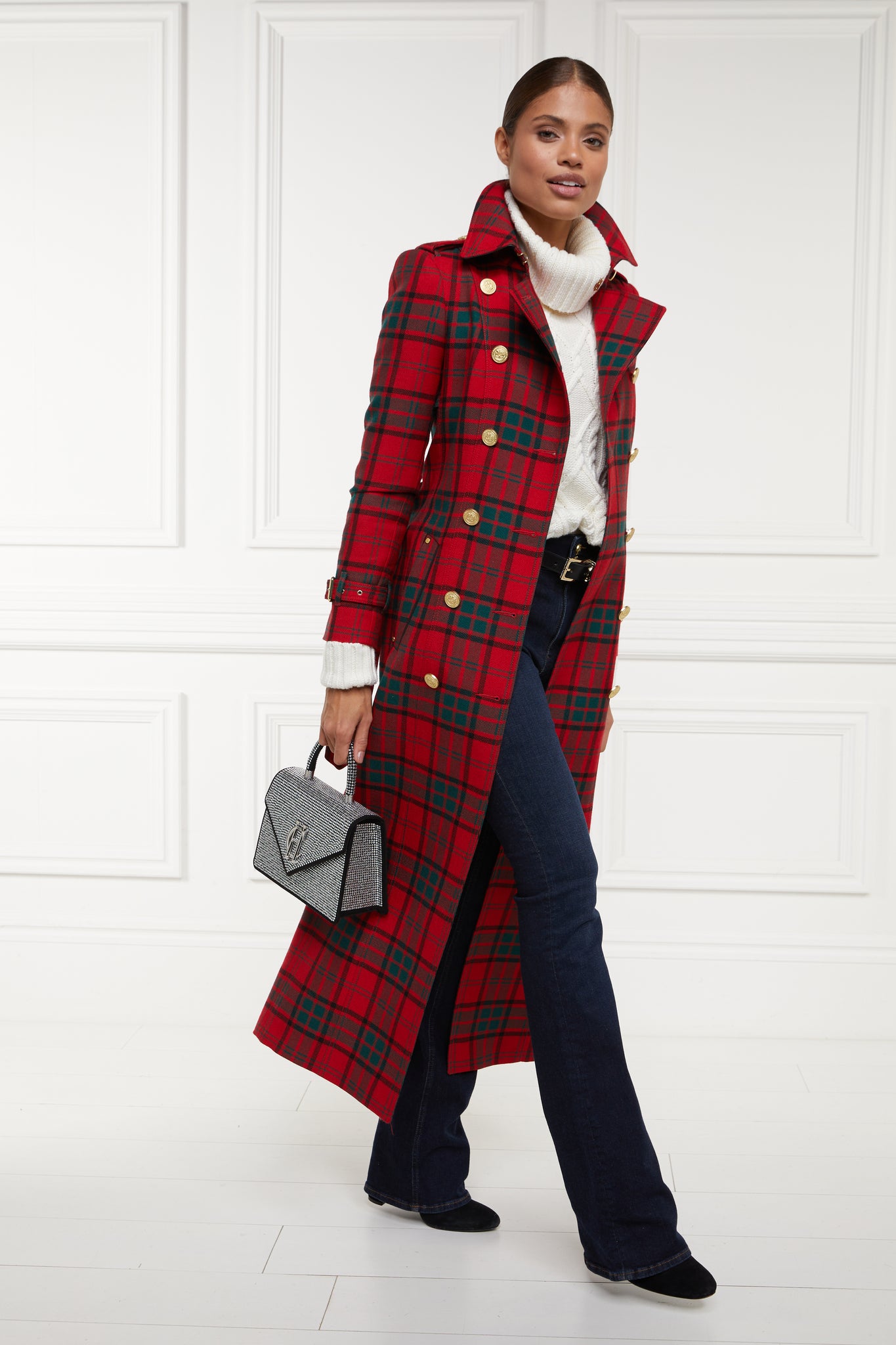 womens red green tartan double breasted full length wool trench coat with crystal top handle bag