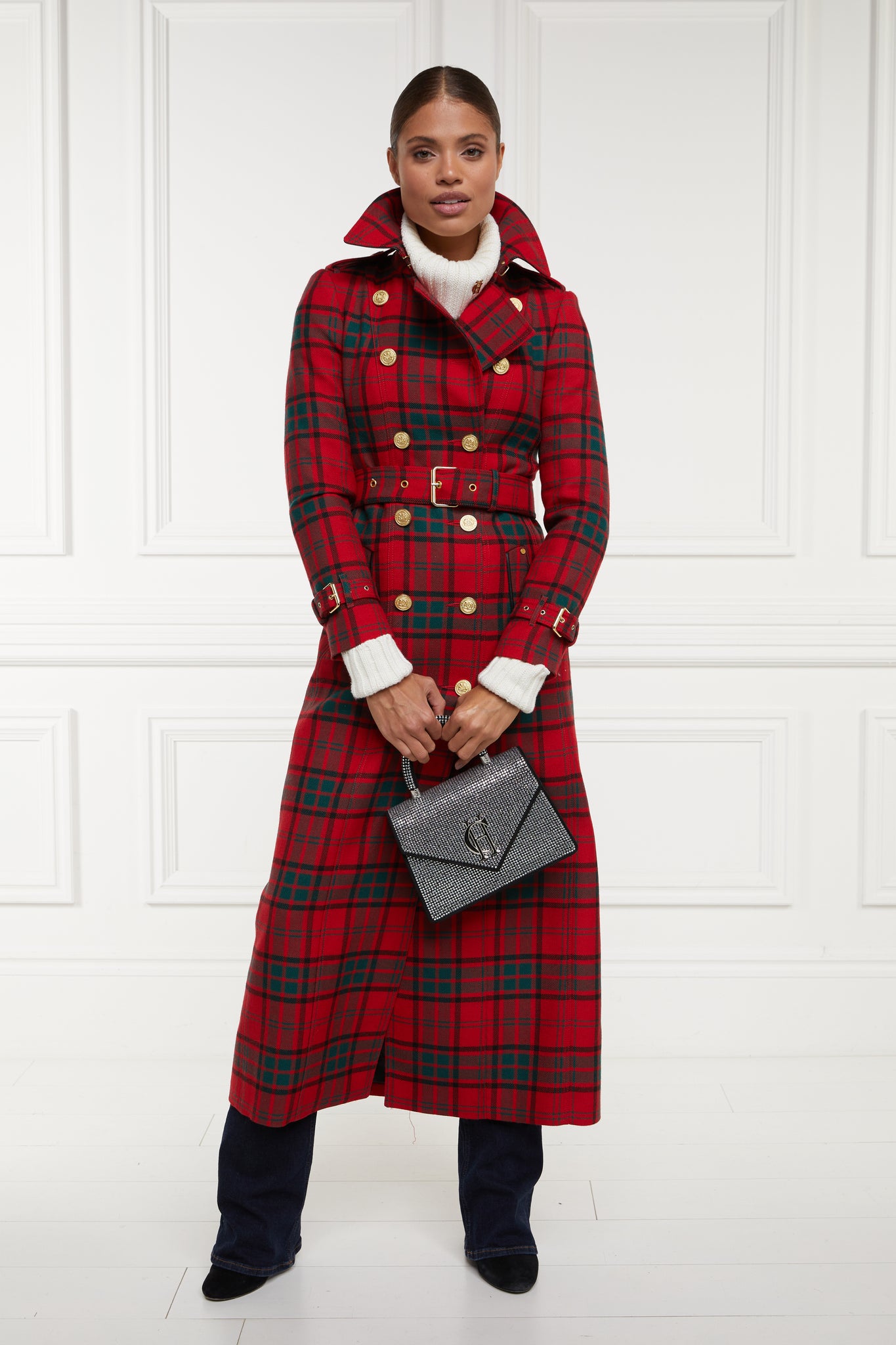 womens red green tartan double breasted full length wool trench coat with crystal handle bag
