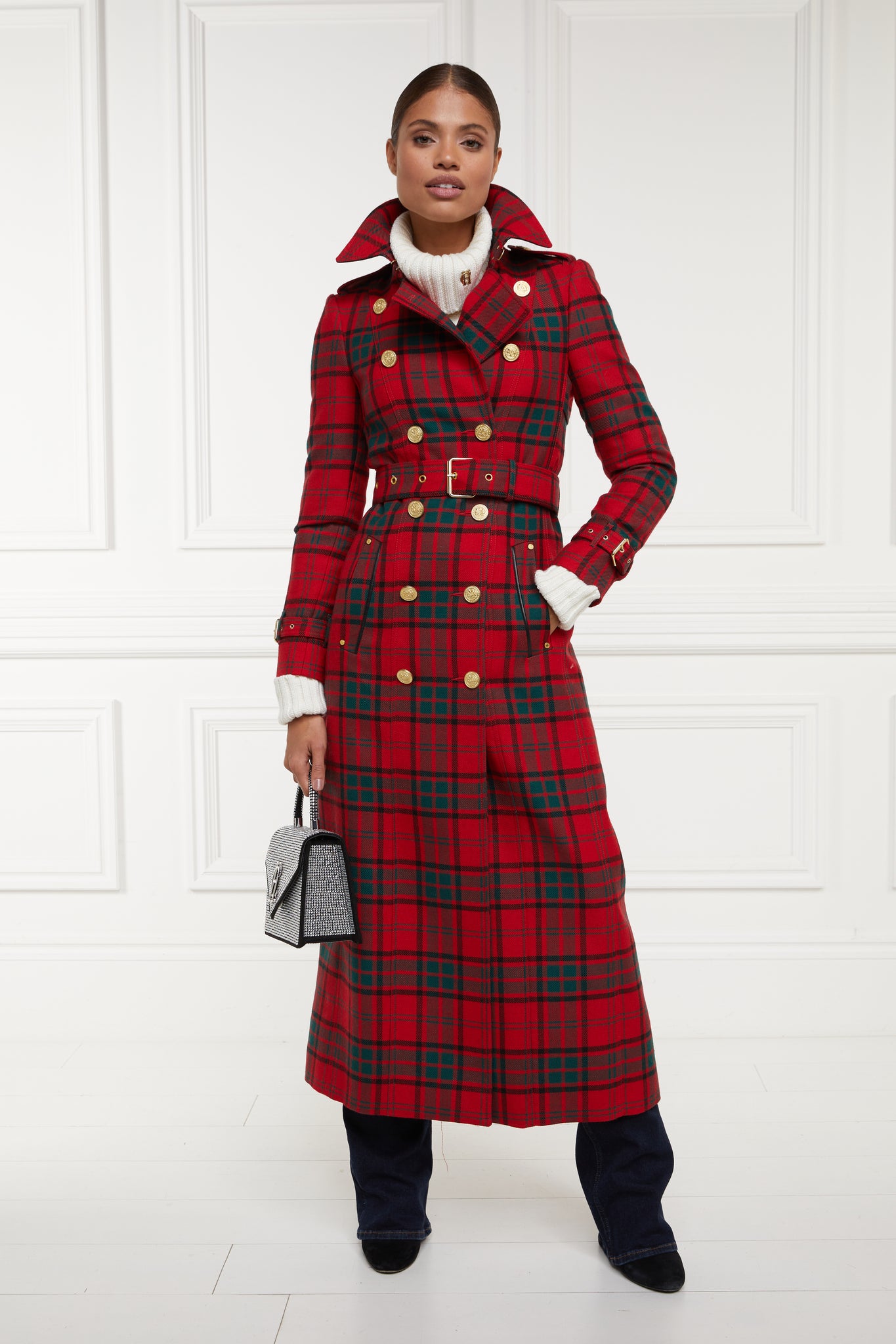 womens red green tartan double breasted full length wool trench coat with crystal bag
