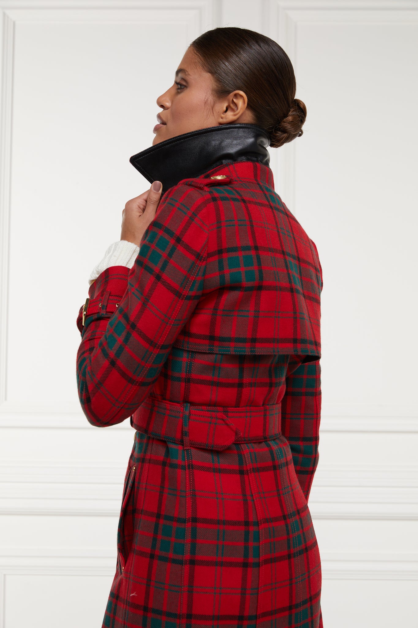 black leather under collar and back of womens red green tartan double breasted full length wool trench coat
