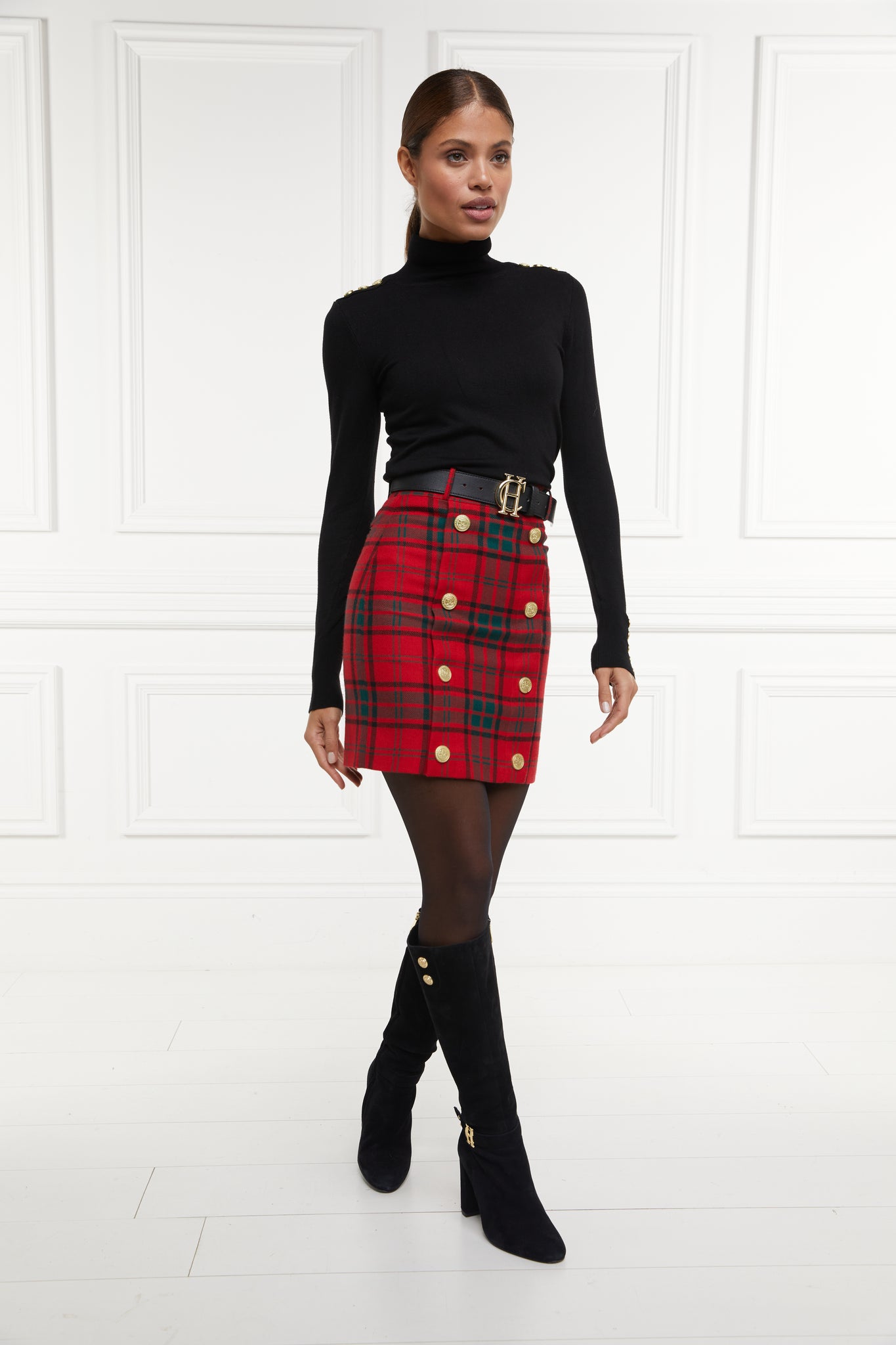 womens wool pencil mini skirt in red and green tartan check with concealed zip fastening on centre back and gold rivets down front