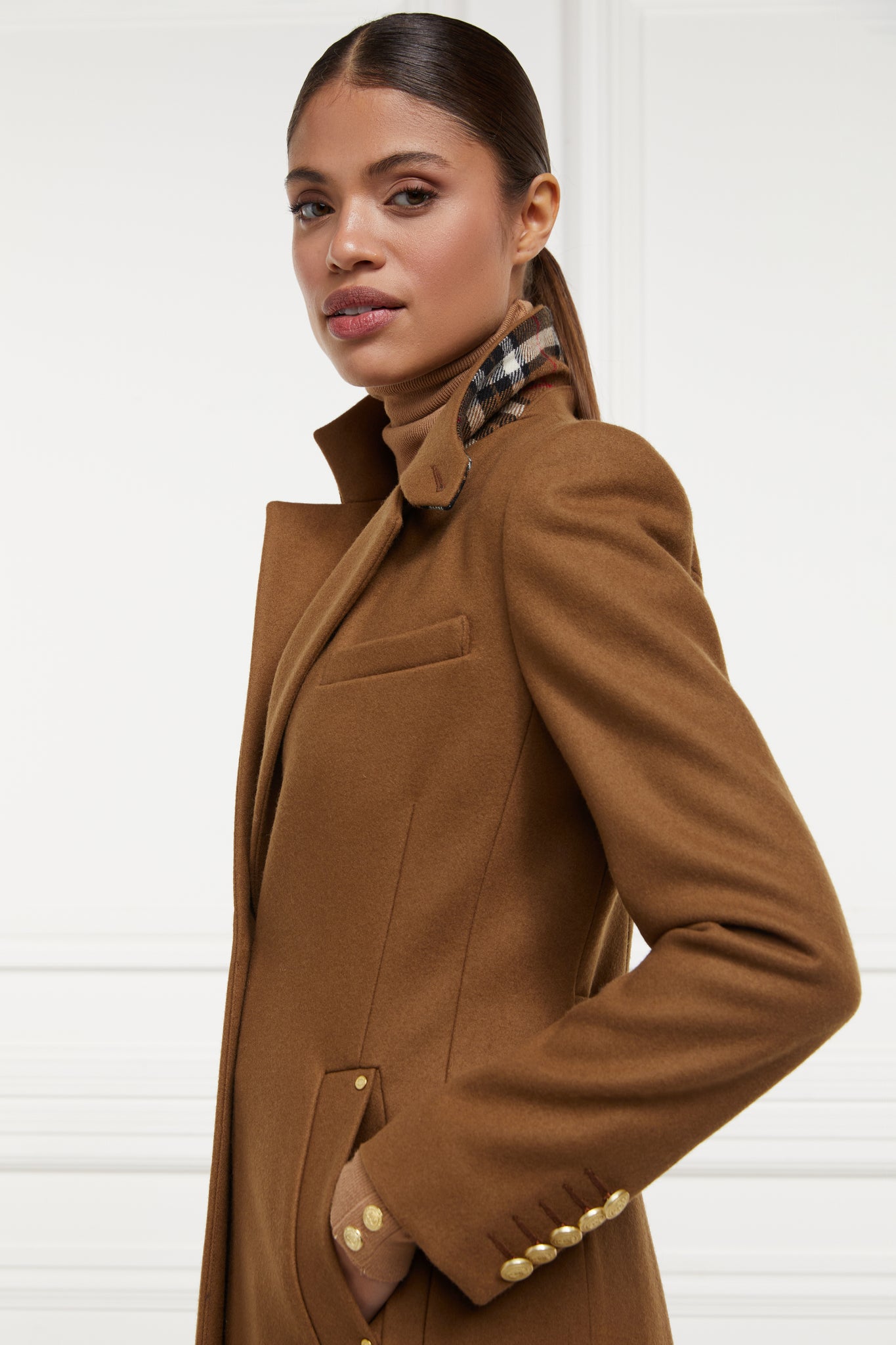 side brown check under collar detail on womens dark camel single breasted full length wool coat