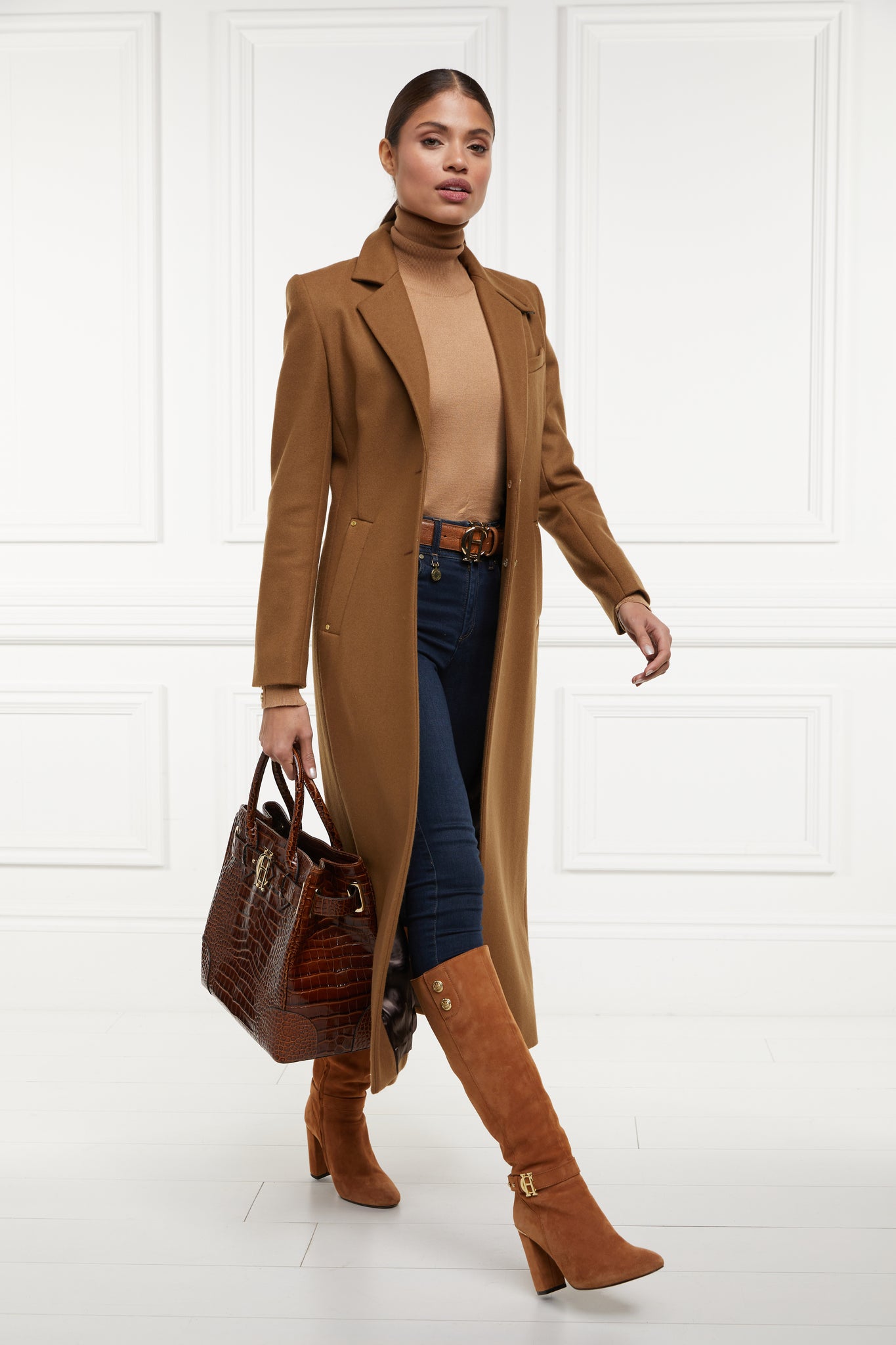 womens dark camel single breasted full length wool coat with tan croc embossed leather tote bag
