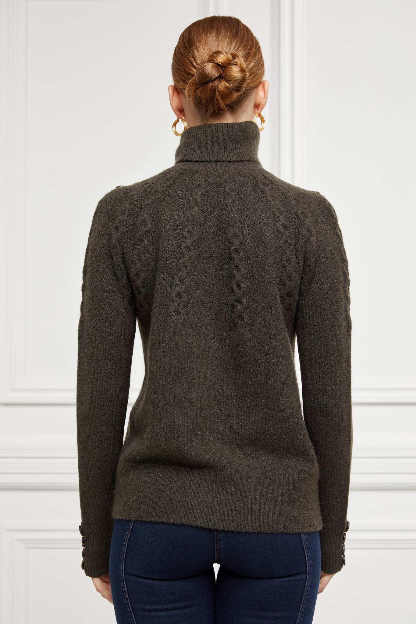 back of chunky knit roll neck jumper in fern green with textured knit detailing and horn buttons across both shoulders