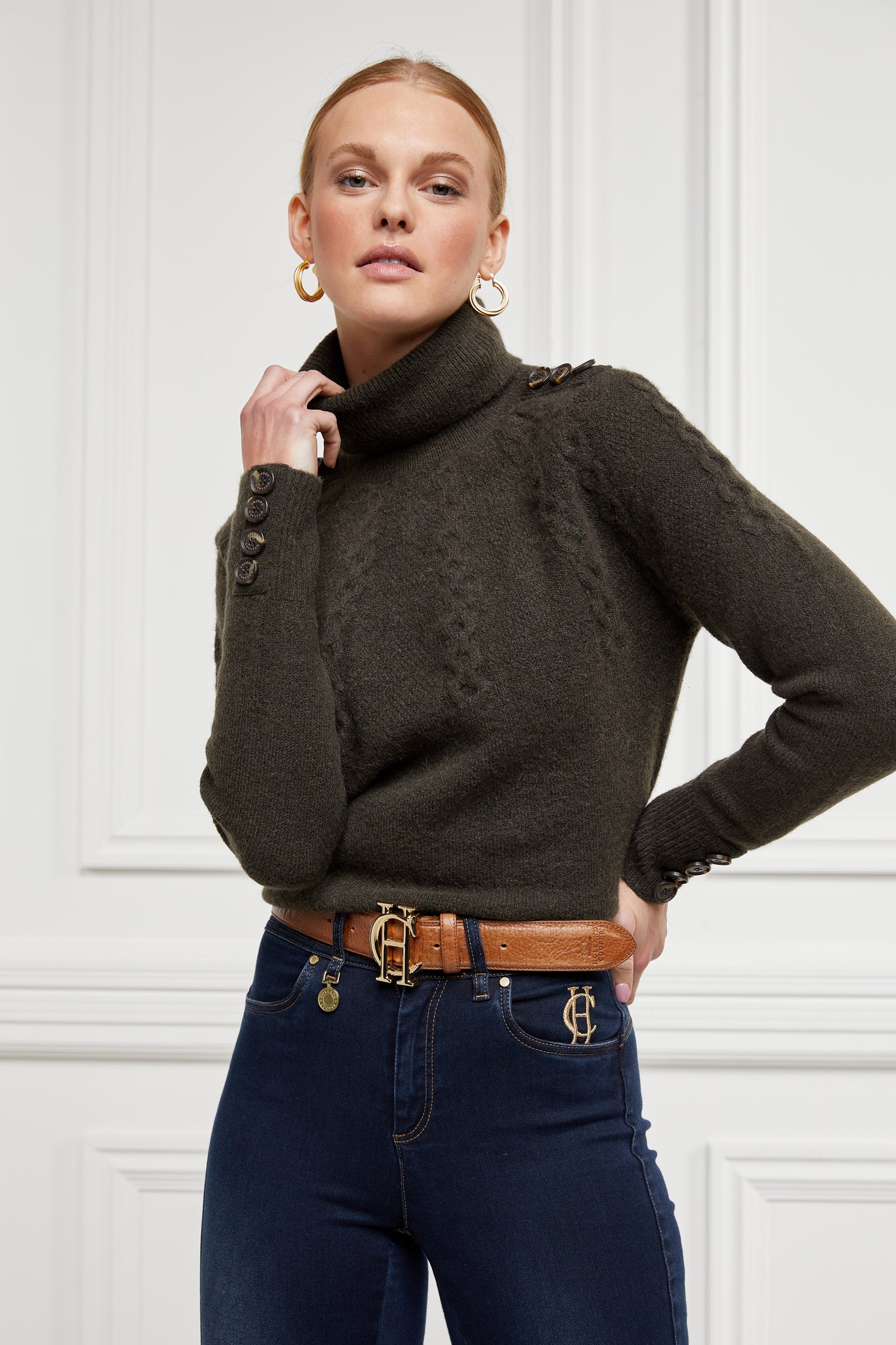 Chunky knit roll neck jumper in fern green with textured knit detailing and horn buttons across both shoulders