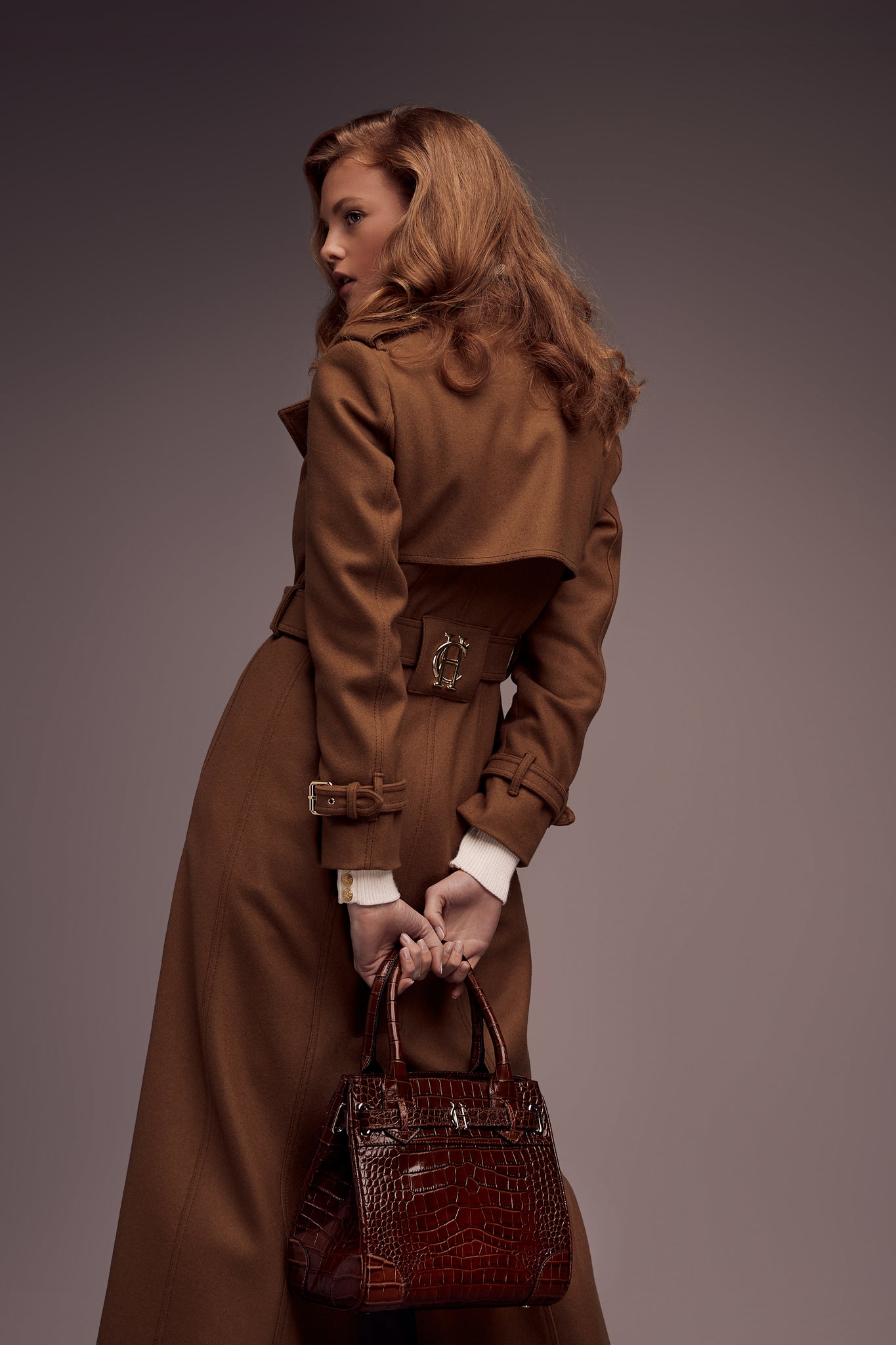 dark camel wool womens full length trench coat with dark brown womens small dark brown croc embossed leather tote bag