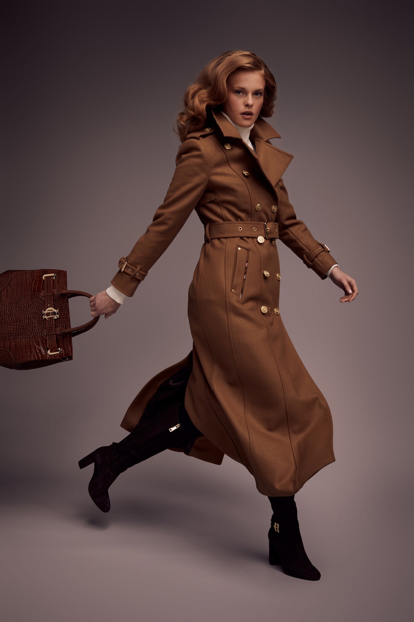 womens dark camel wool double breasted trench coat