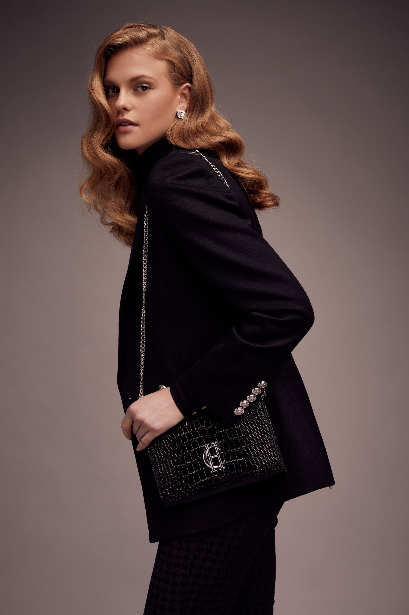 womens black tweed blazer with womens black croc embossed leather clutch bag with silver hardware